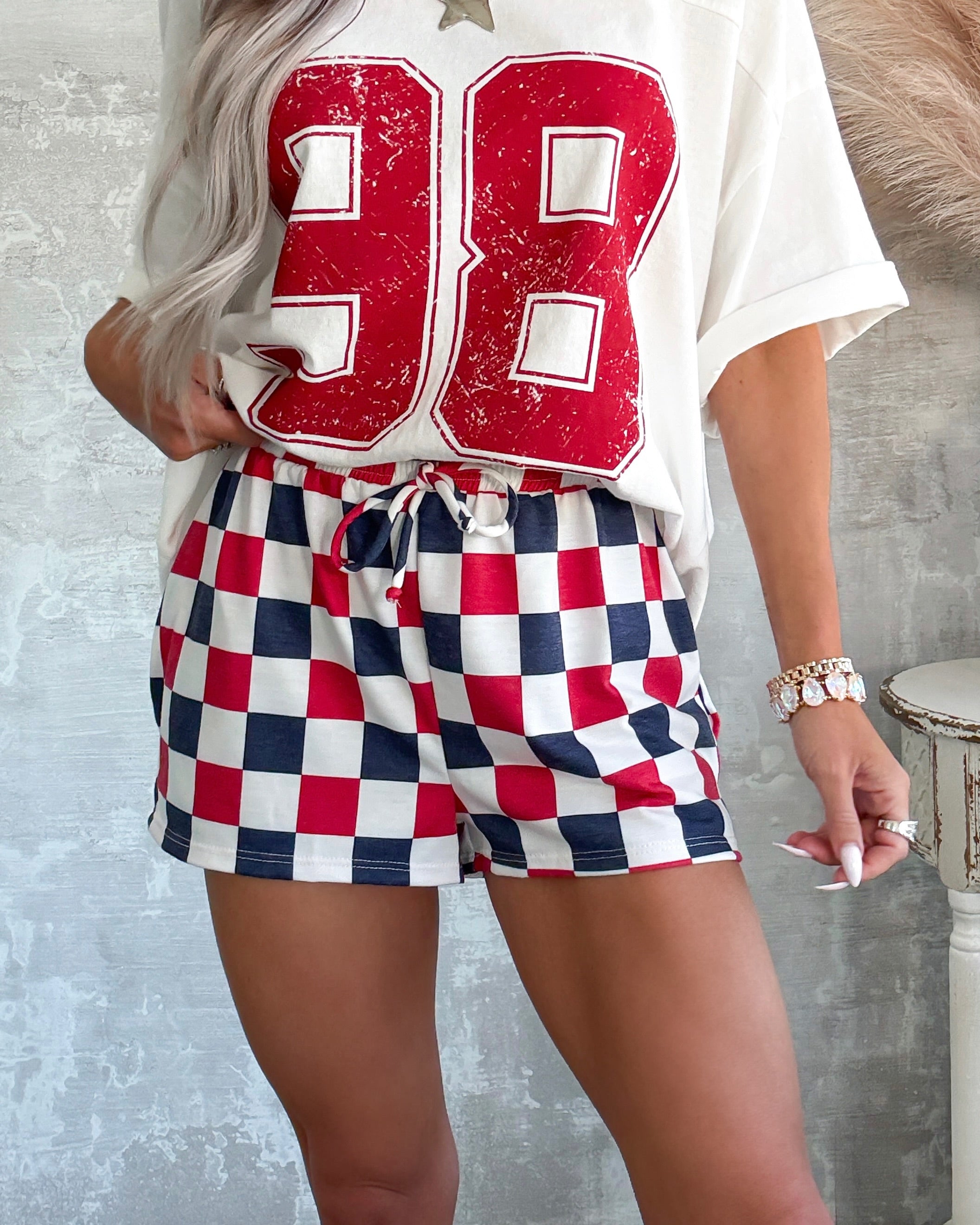 Baby Doll Checkered Shorts - Navy/Red