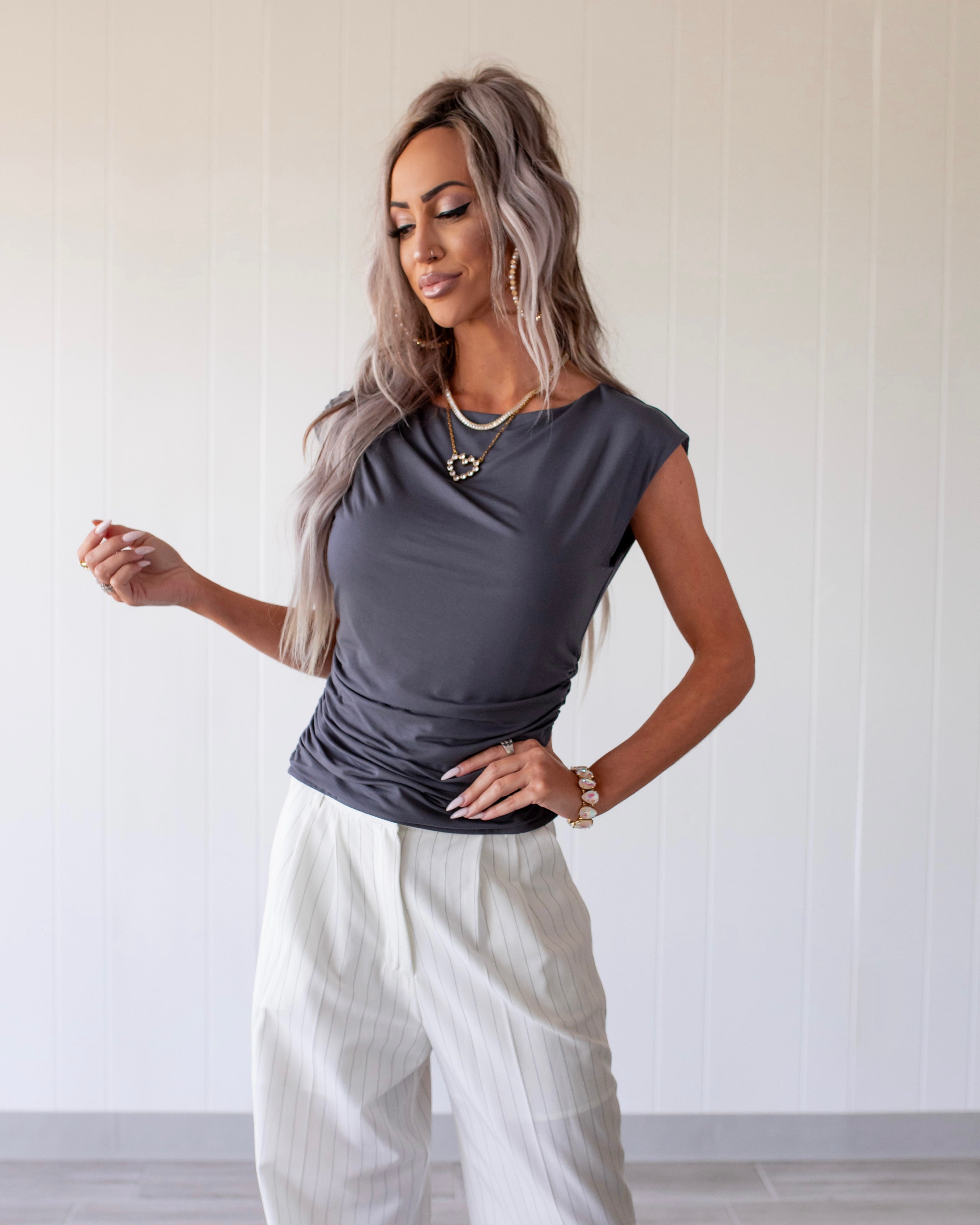 Ruched & Radiant Boat Neck Tank - Slate Blue