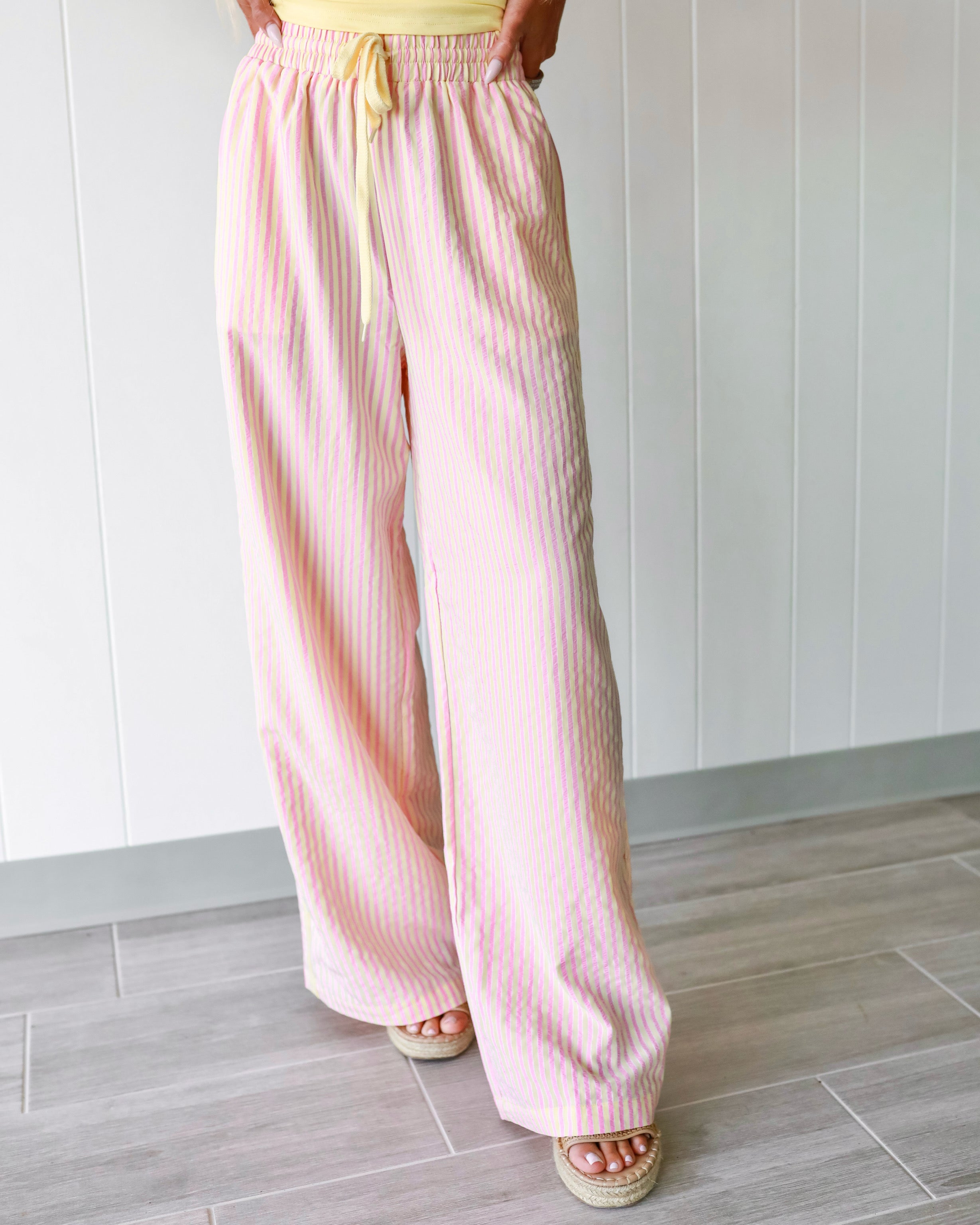 Lace Trim Statement Pants - Pink/Yellow