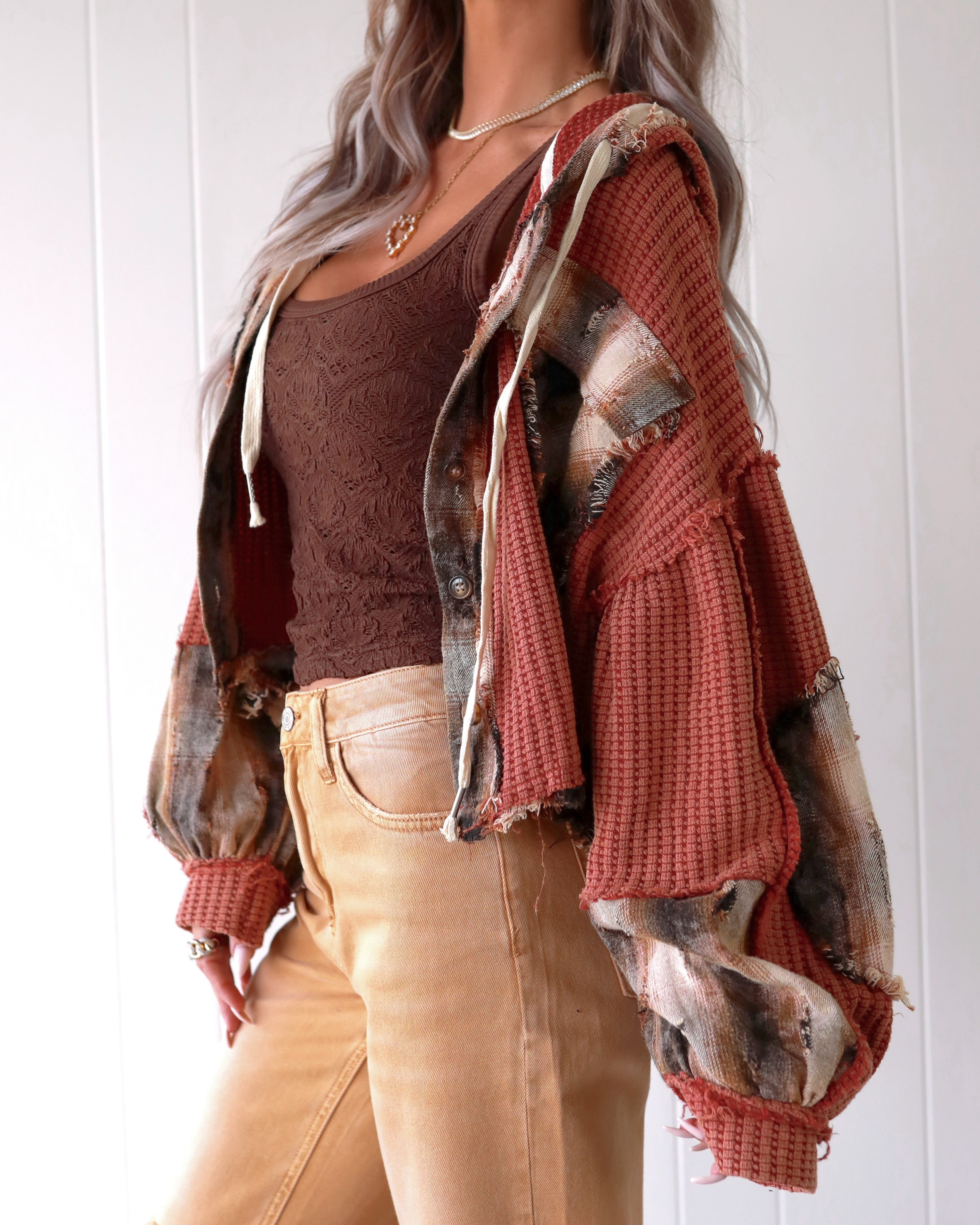 Sweet Patchwork Hooded Top - Maroon
