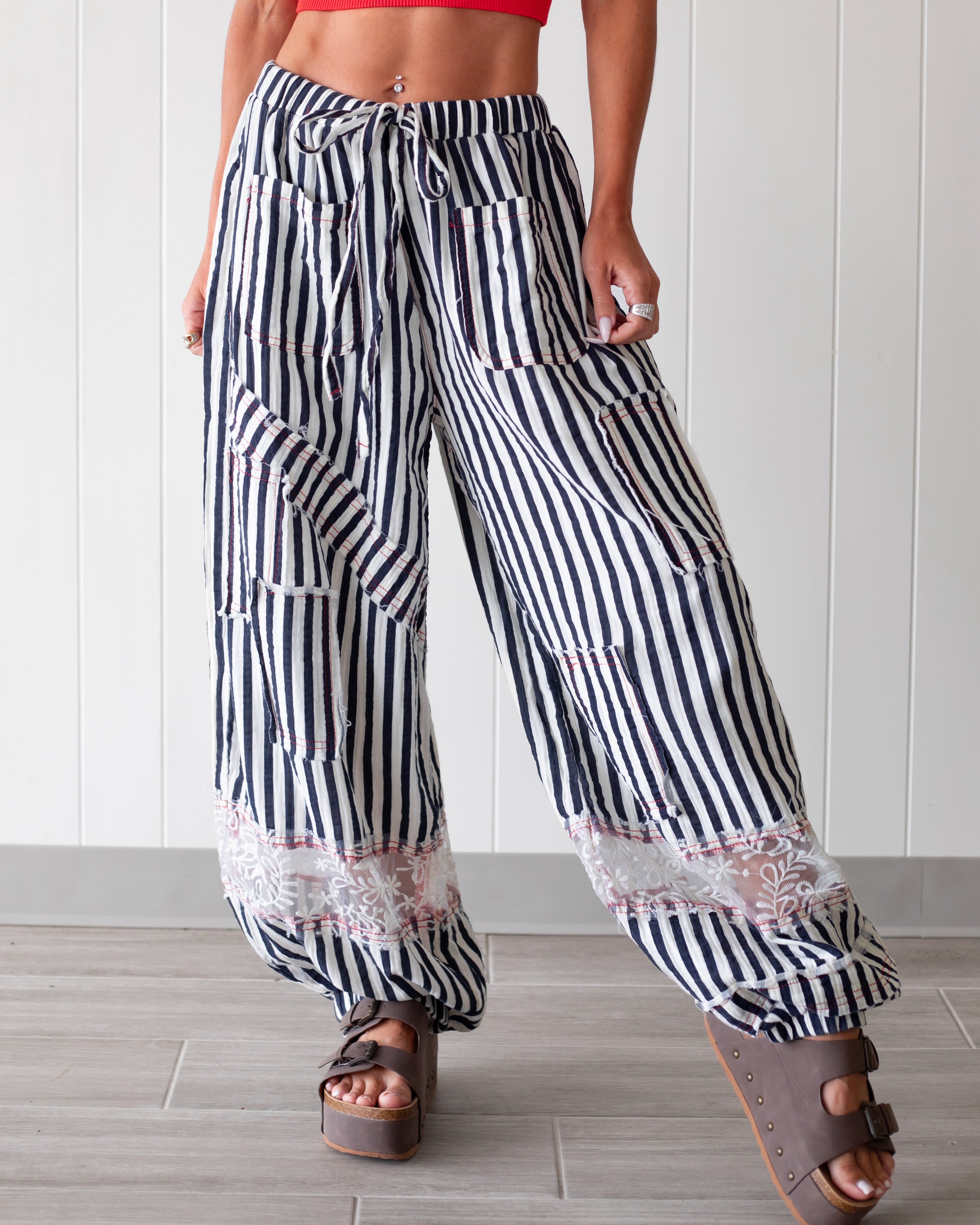 Lace & Leisure Striped Jogger Pants - Navy