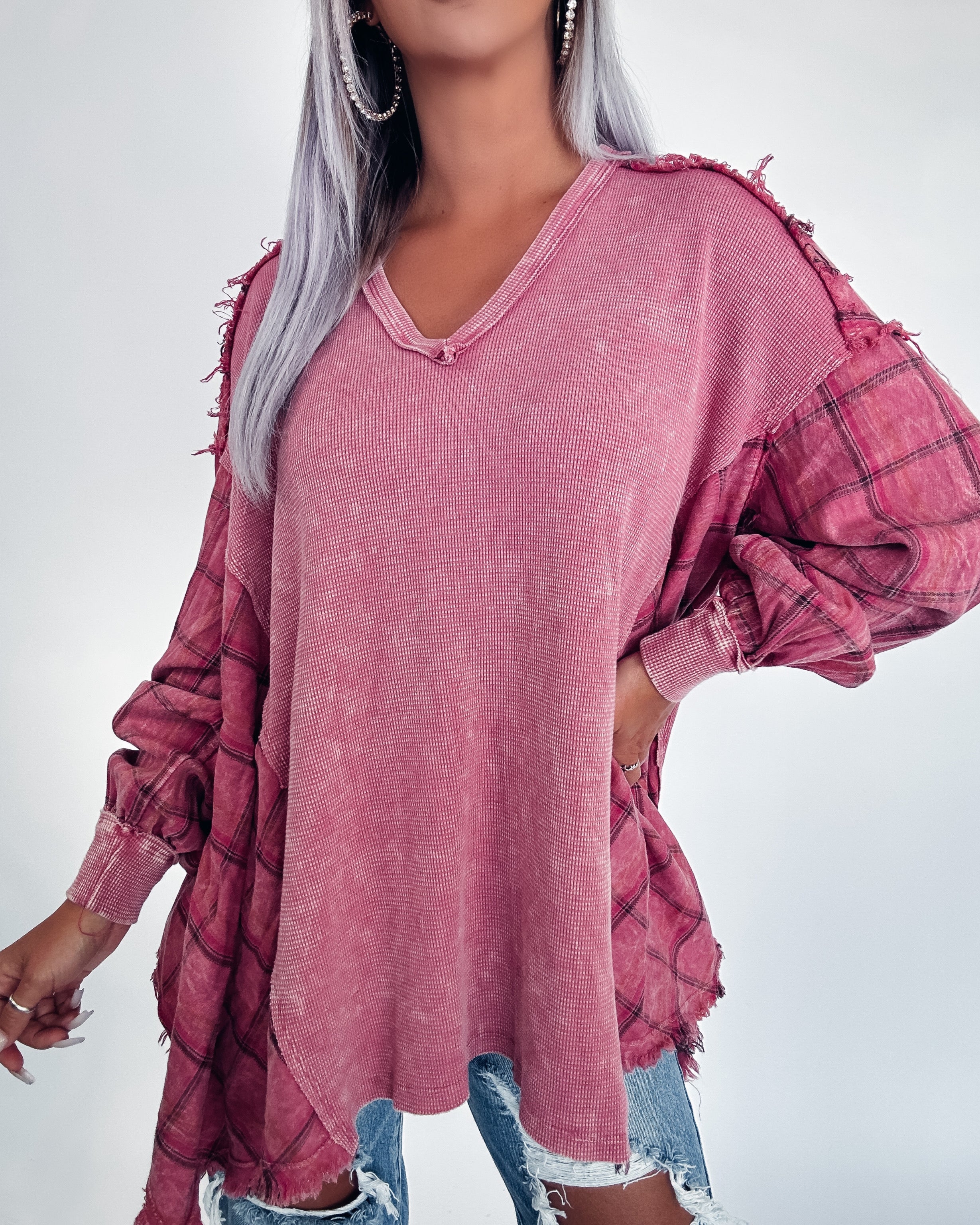 Fall Into Plaid Oversized Top- Wine
