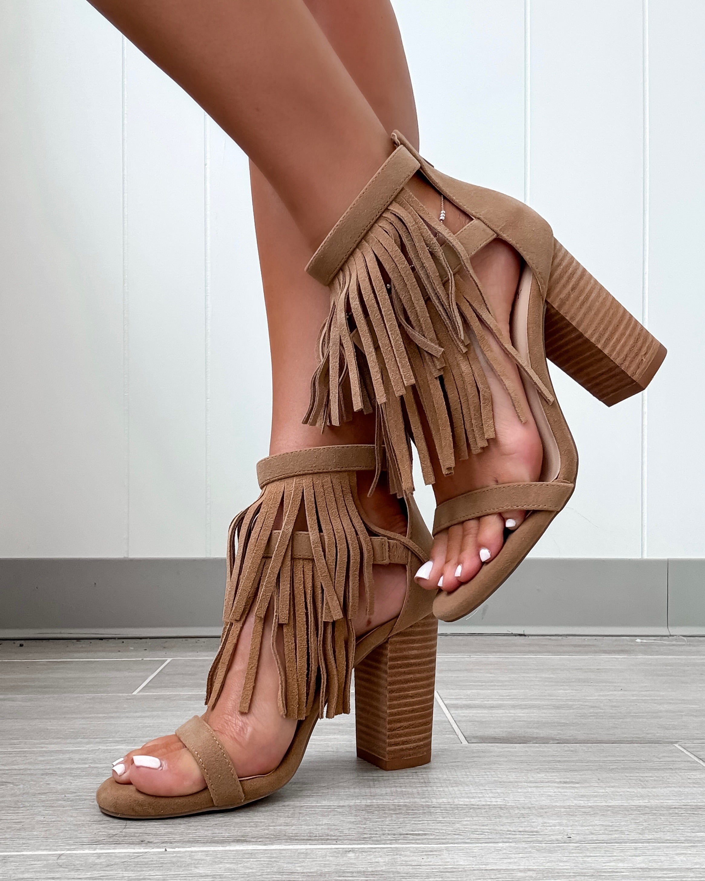 Gela Fringe Block Heels Khaki Bar T Boutique LLC