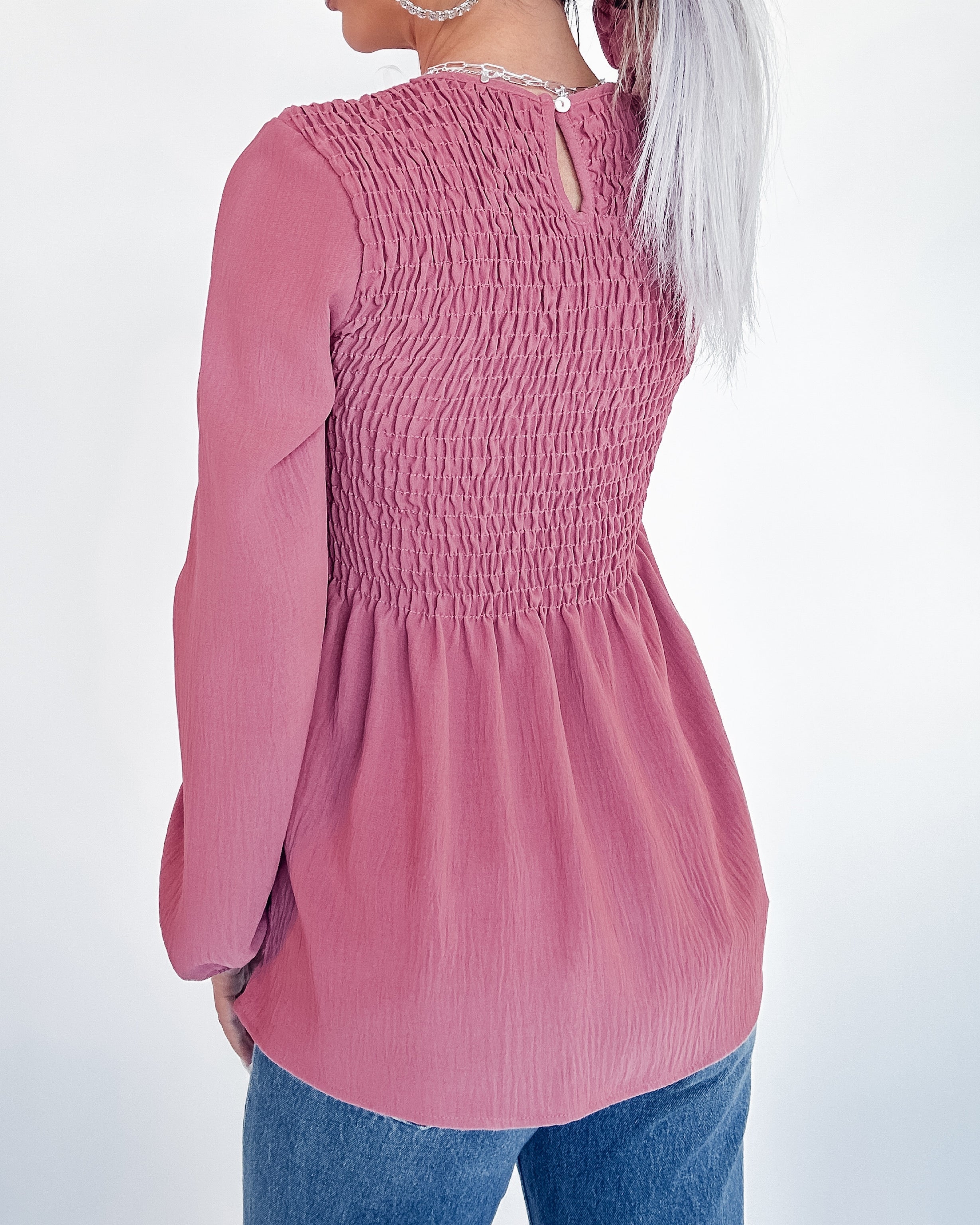 Rise Above Smocked Long Sleeve Top - Mauve