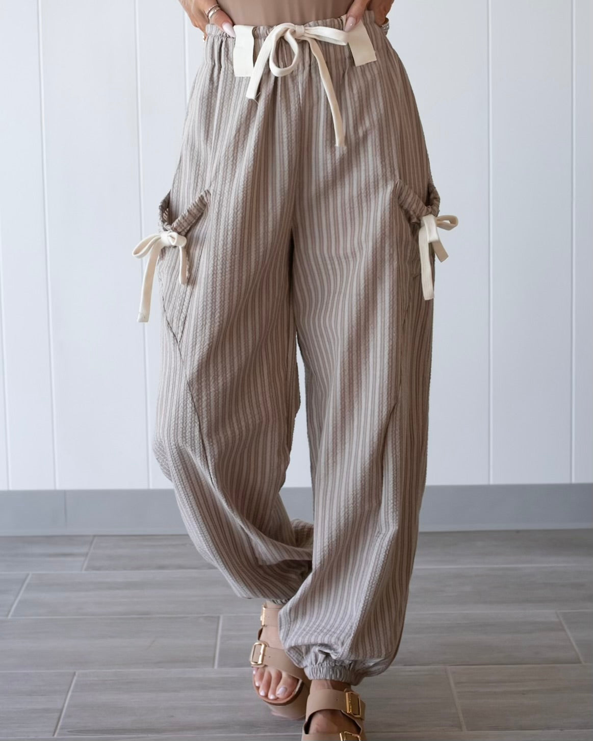 Sweet Stripe Bow Joggers - Taupe/White