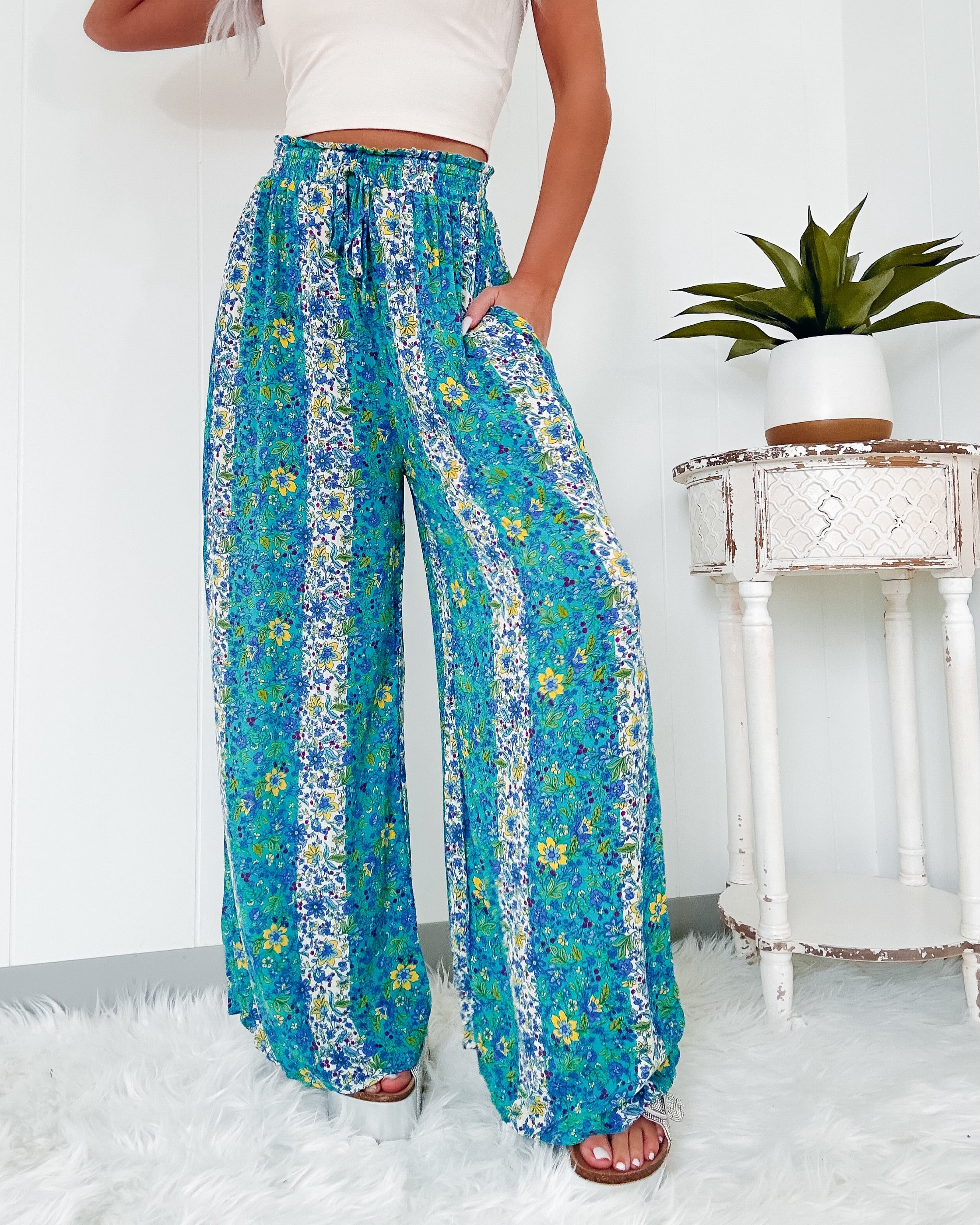 Something To Remember Floral Smocked Pants - Blue