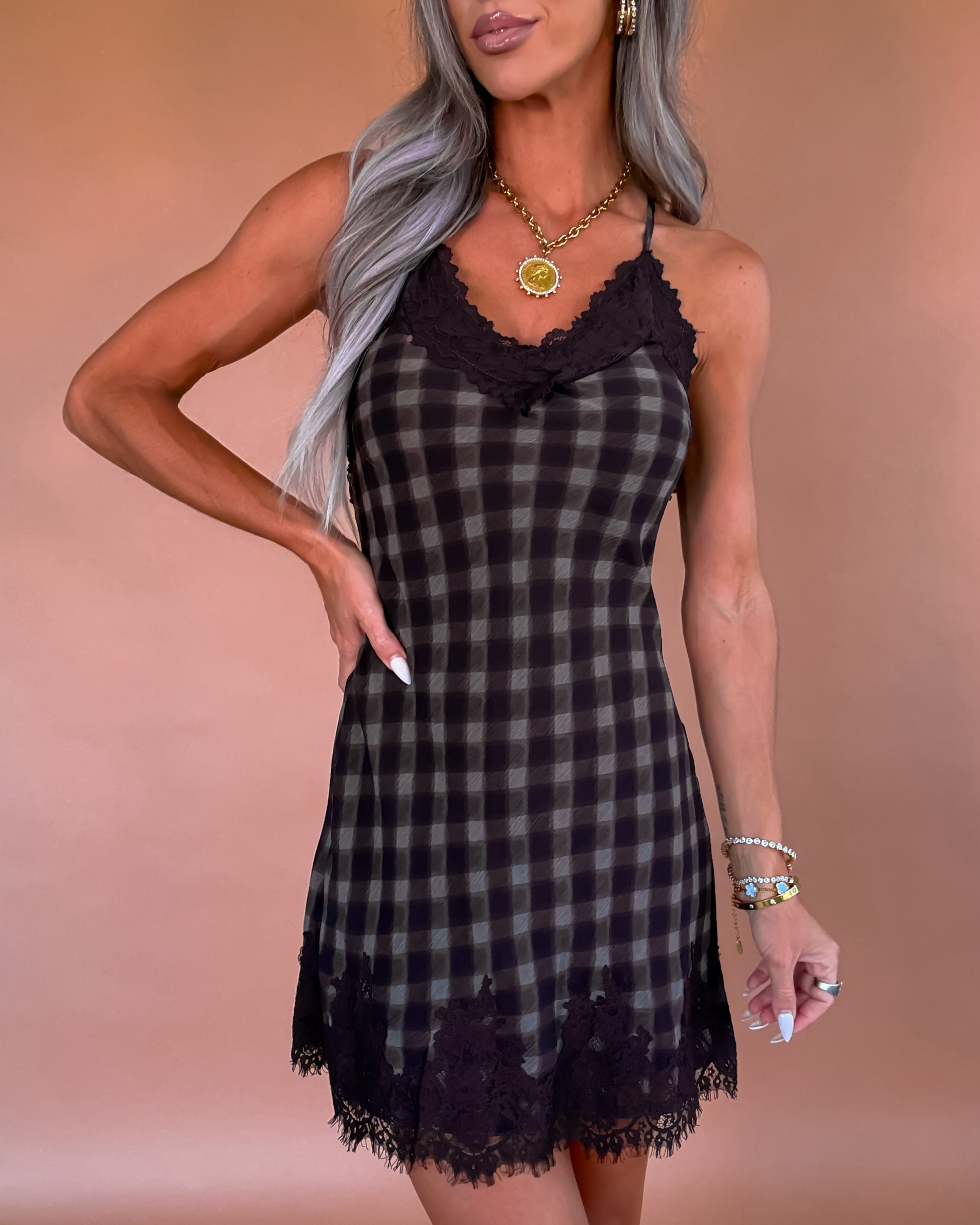 Espresso Belle Checkered Lace Detail Dress