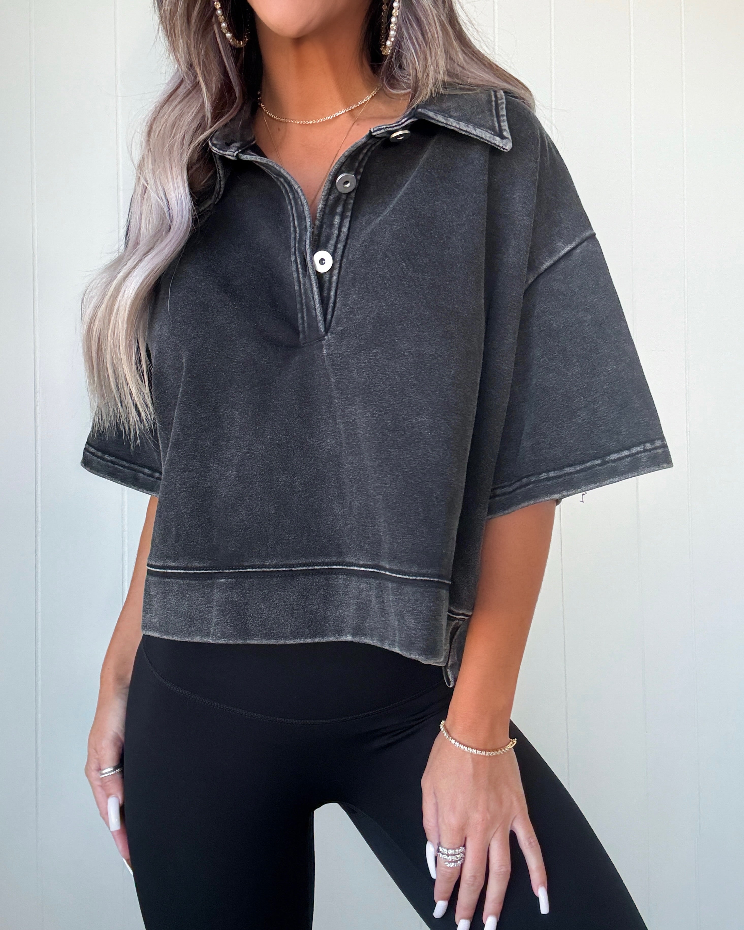 Modern Ease Cotton Terry Button Top - Black