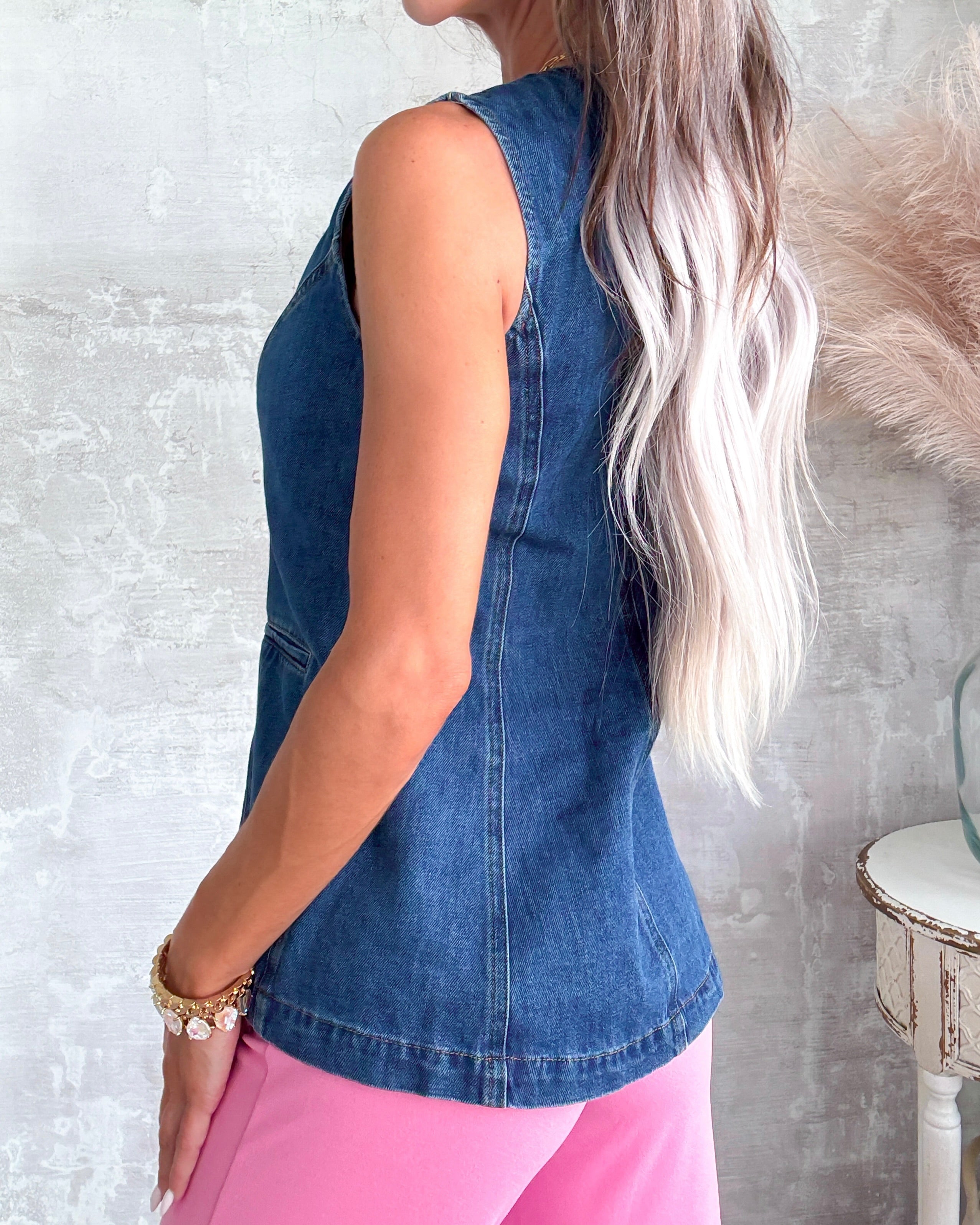 Gold Button Denim Vest - Medium Wash
