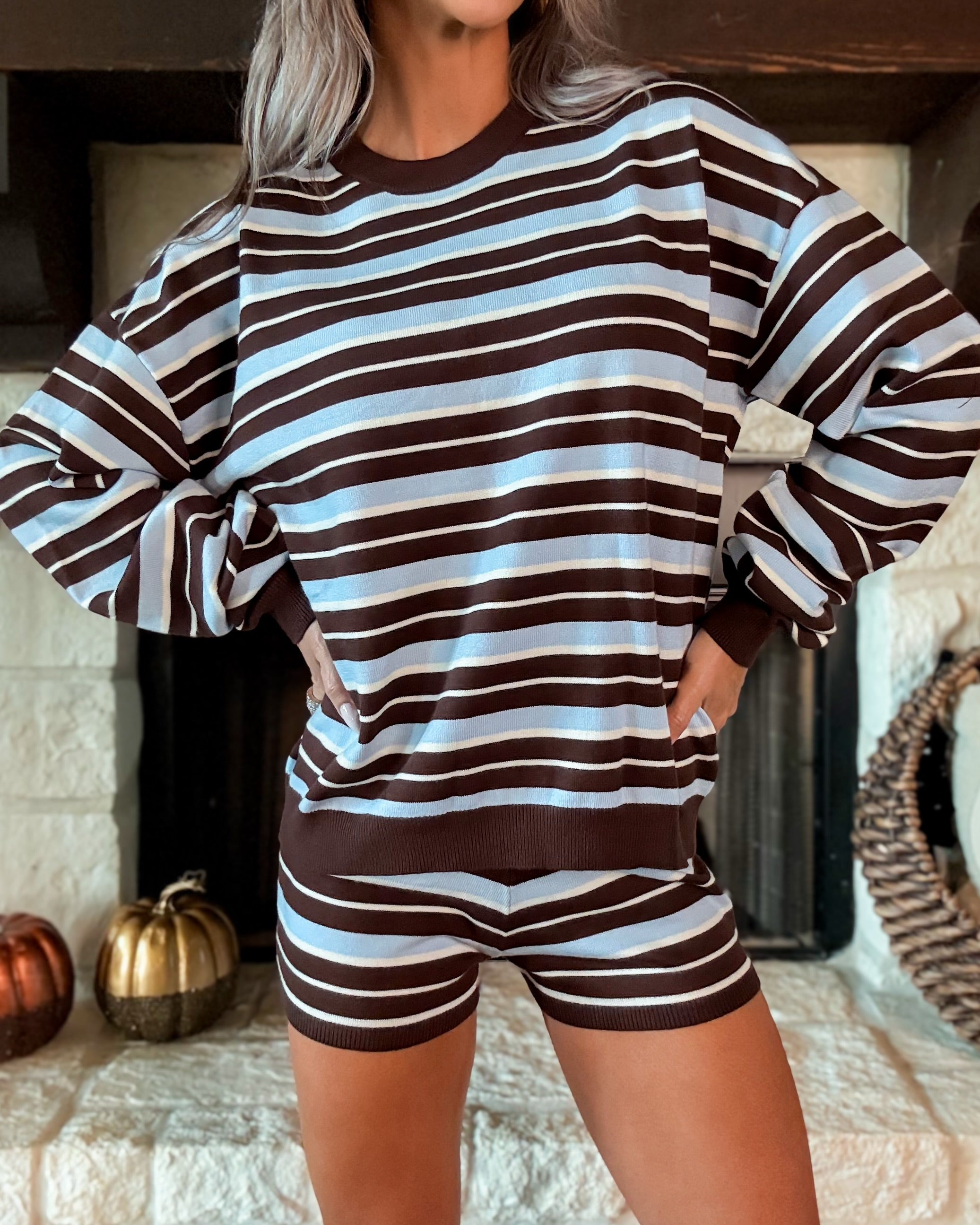 Little Escape Striped Boxy Long Sleeve Top - Light Blue