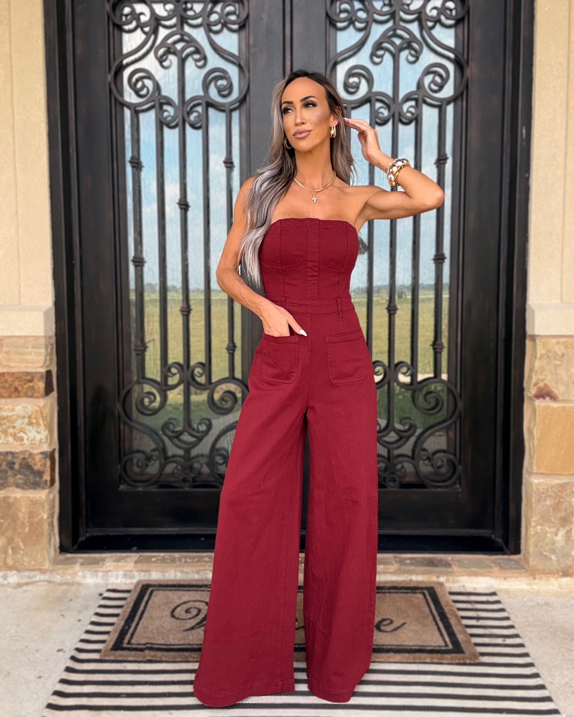 Hot Streak Tube Top Denim Jumpsuit - Burgundy
