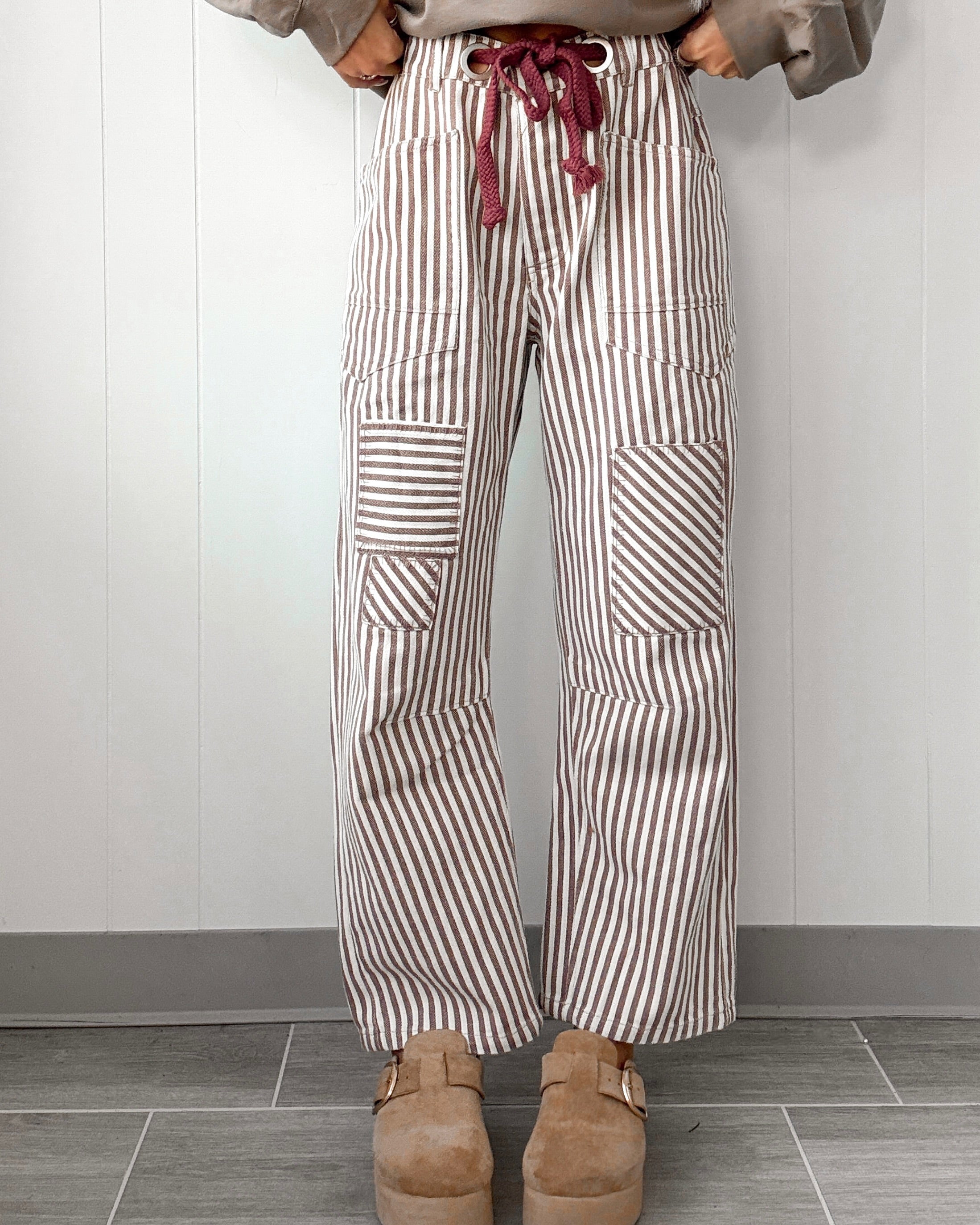 Claire Striped Twill Barrel Pants - Mocha Brown