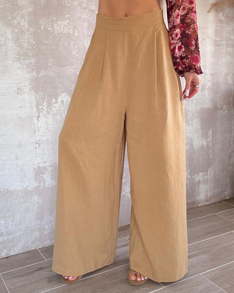 Lola Wide Leg Linen Pants - Mocha