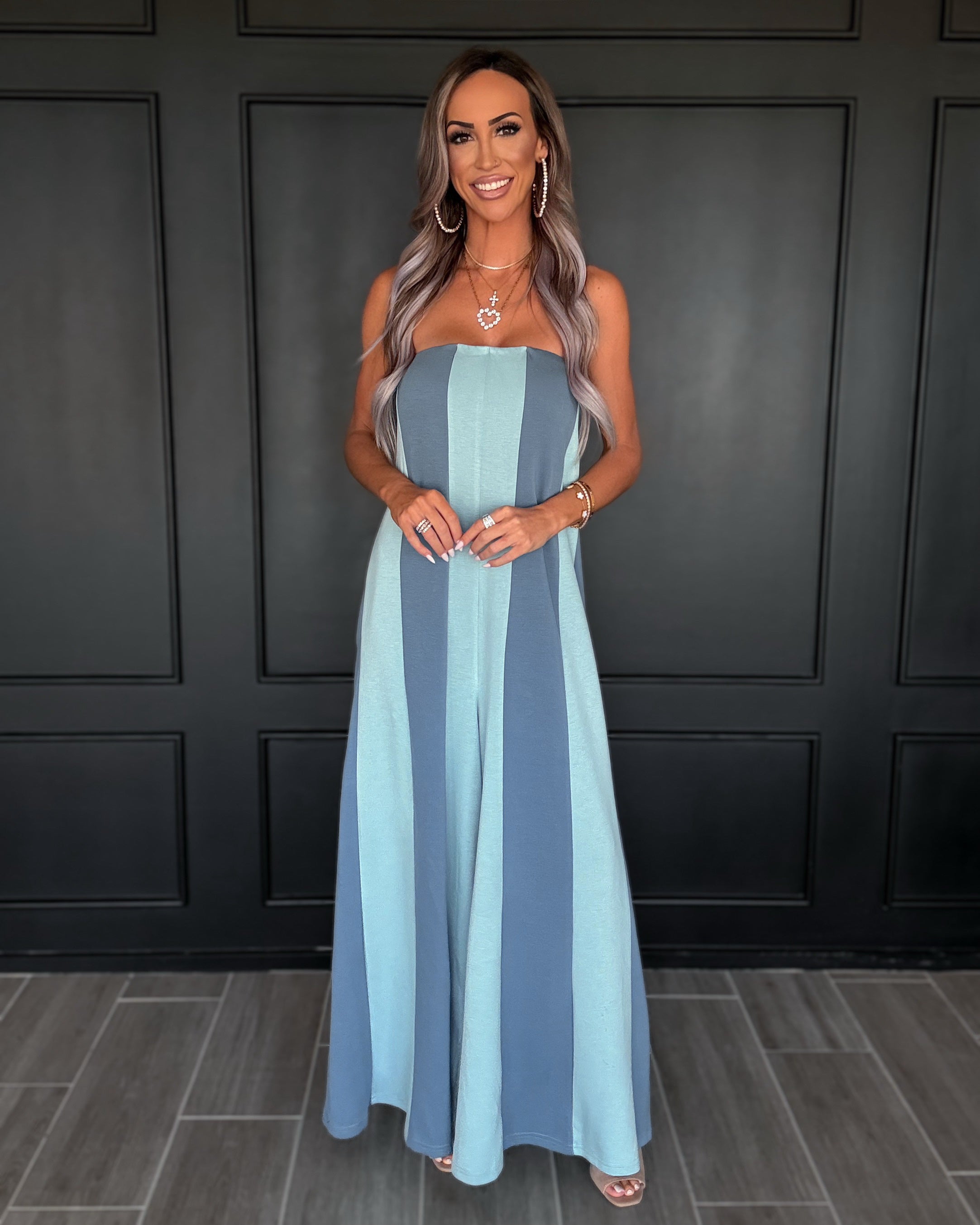 The Drew Strapless Striped Jumpsuit - Blue