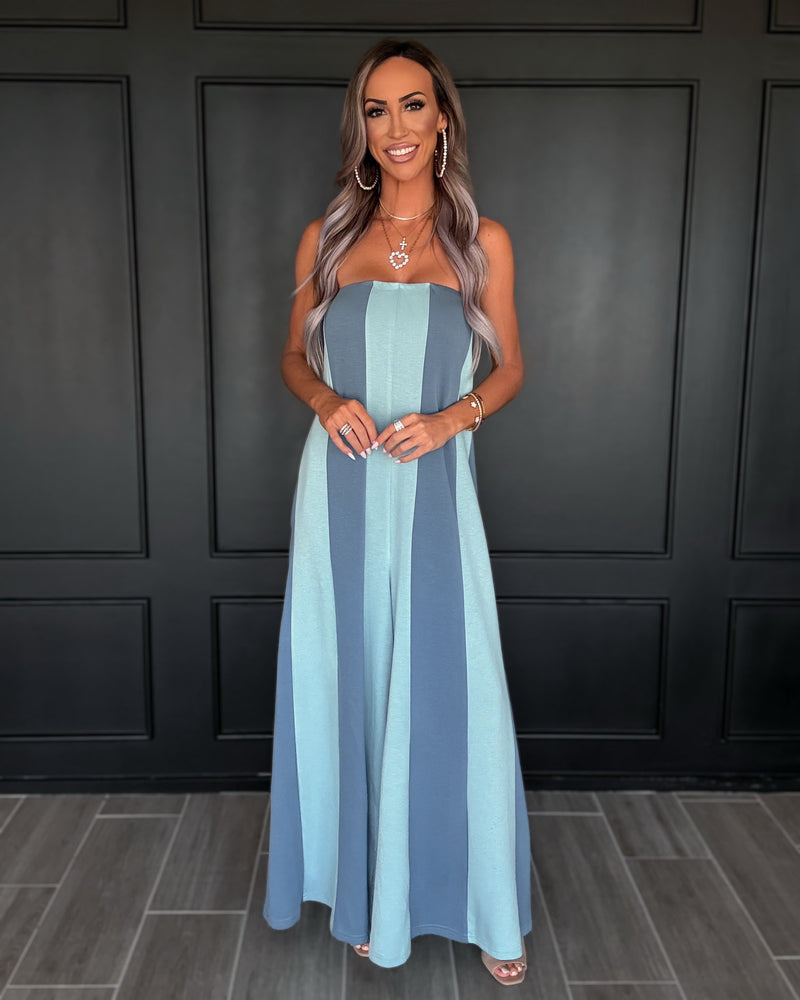 The Drew Strapless Striped Jumpsuit - Blue