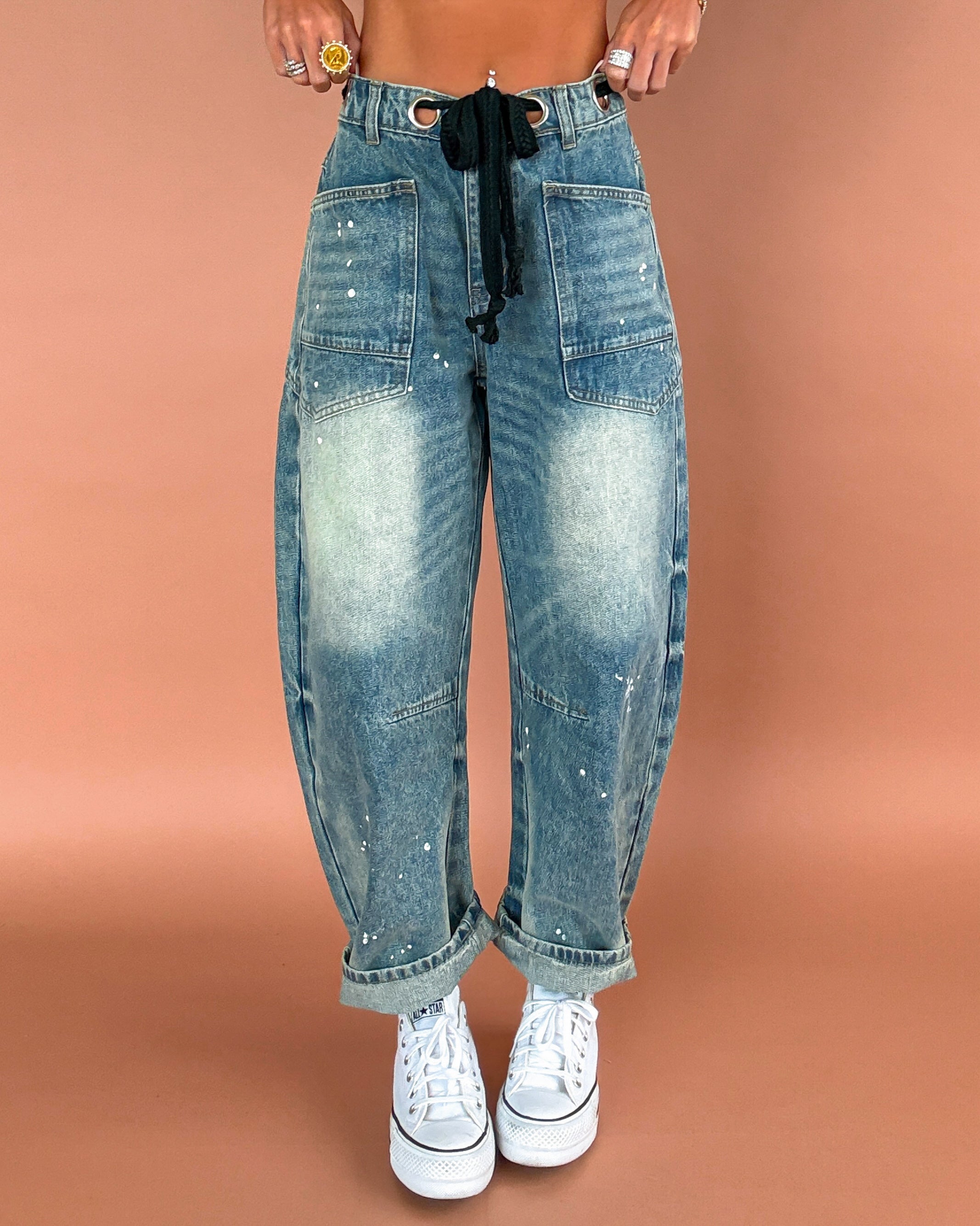 Maya Splattered Barrel Jeans - Medium Wash