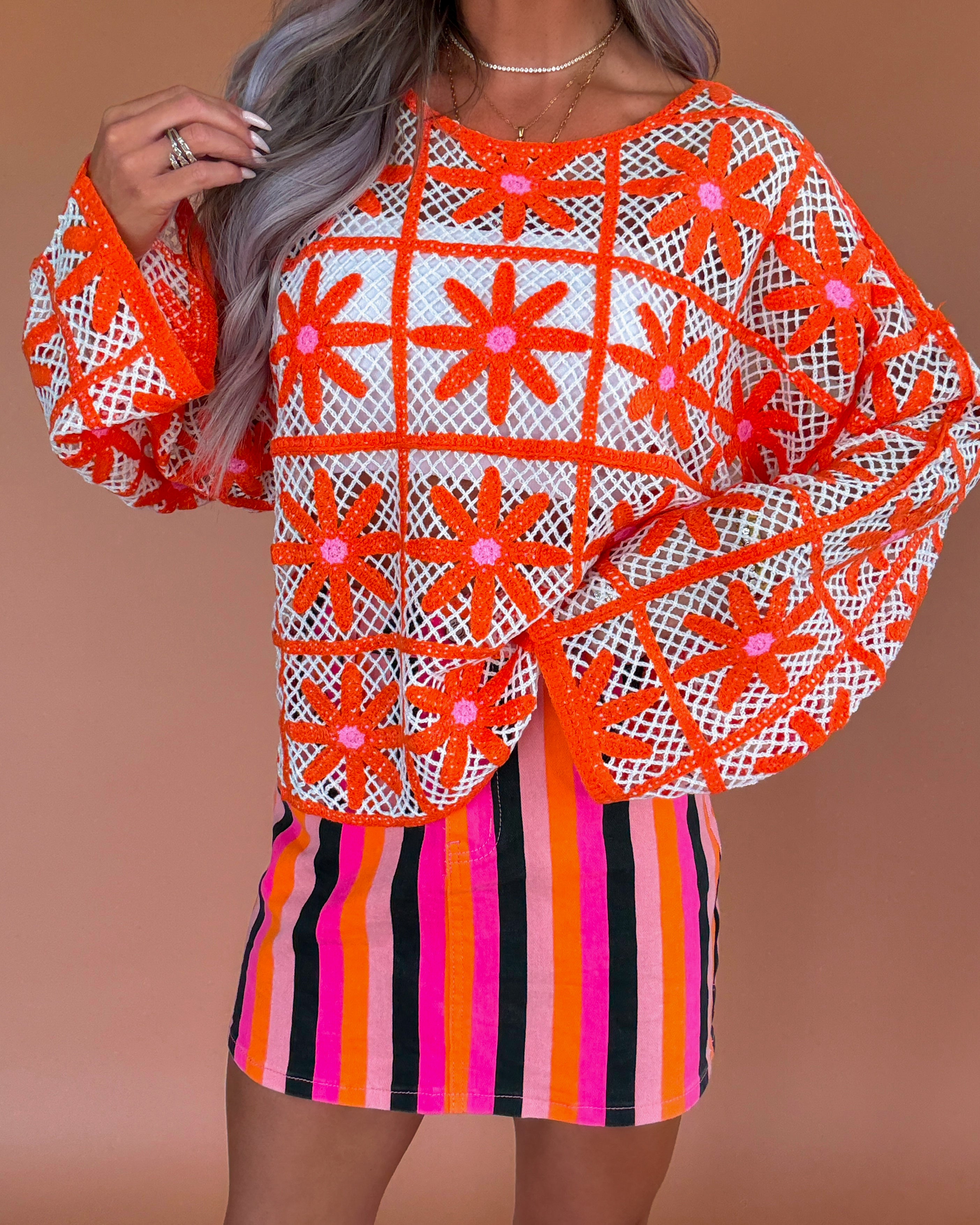 Orange Blossom Crochet Sweater - Off White/Orange