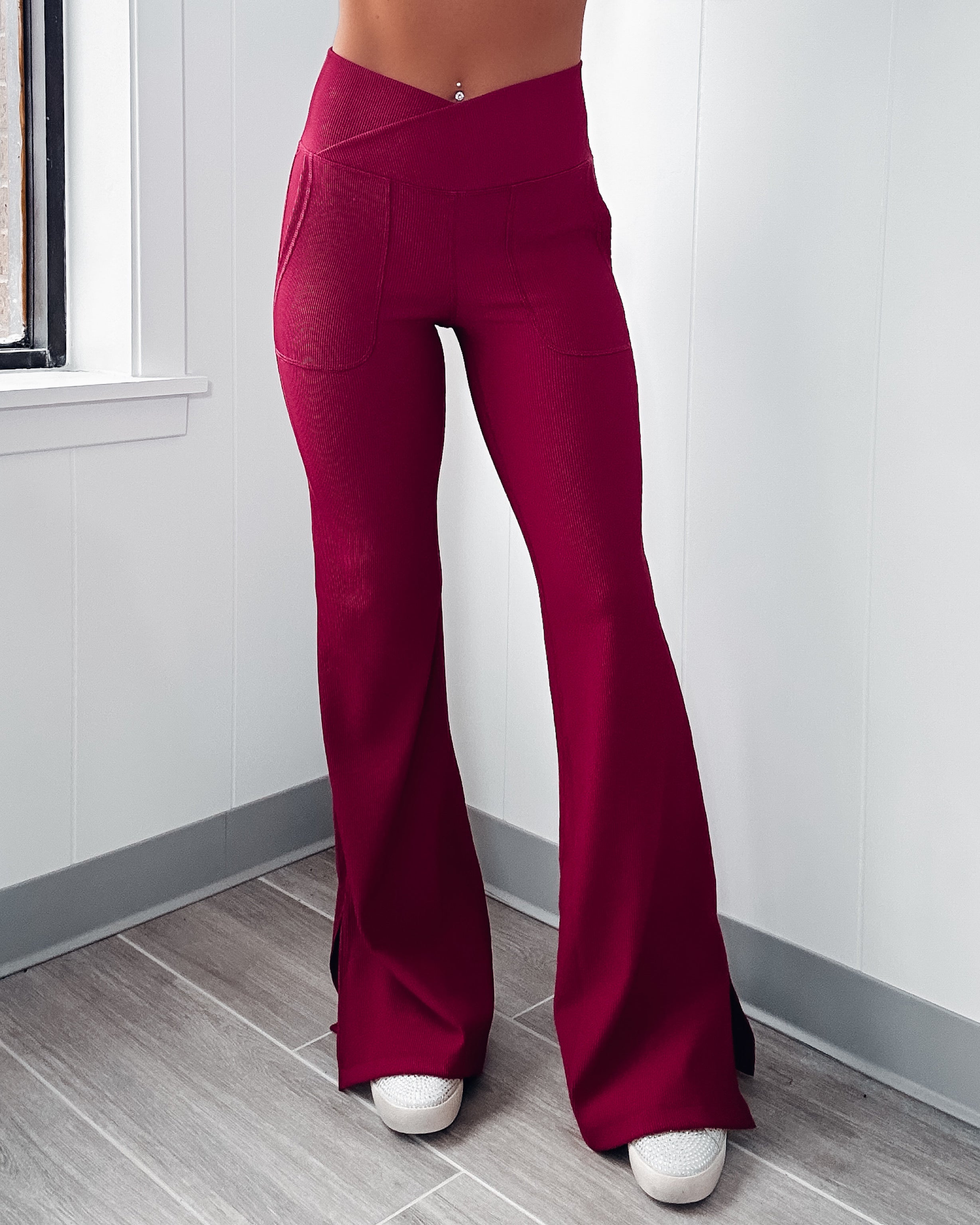 Groove Ribbed Flared Leggings - Berry