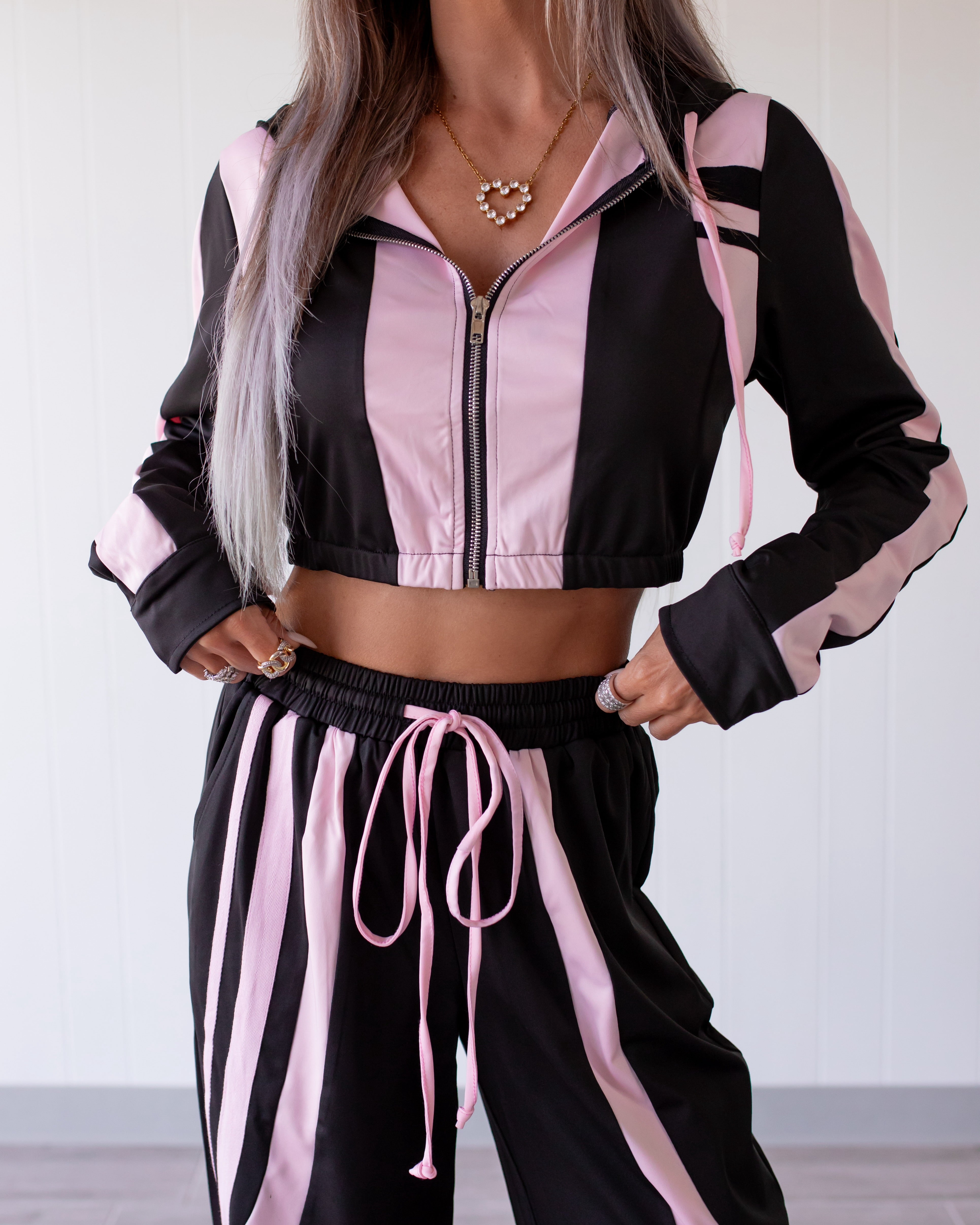Playmaker Contrast Pants Set - Black/Pink