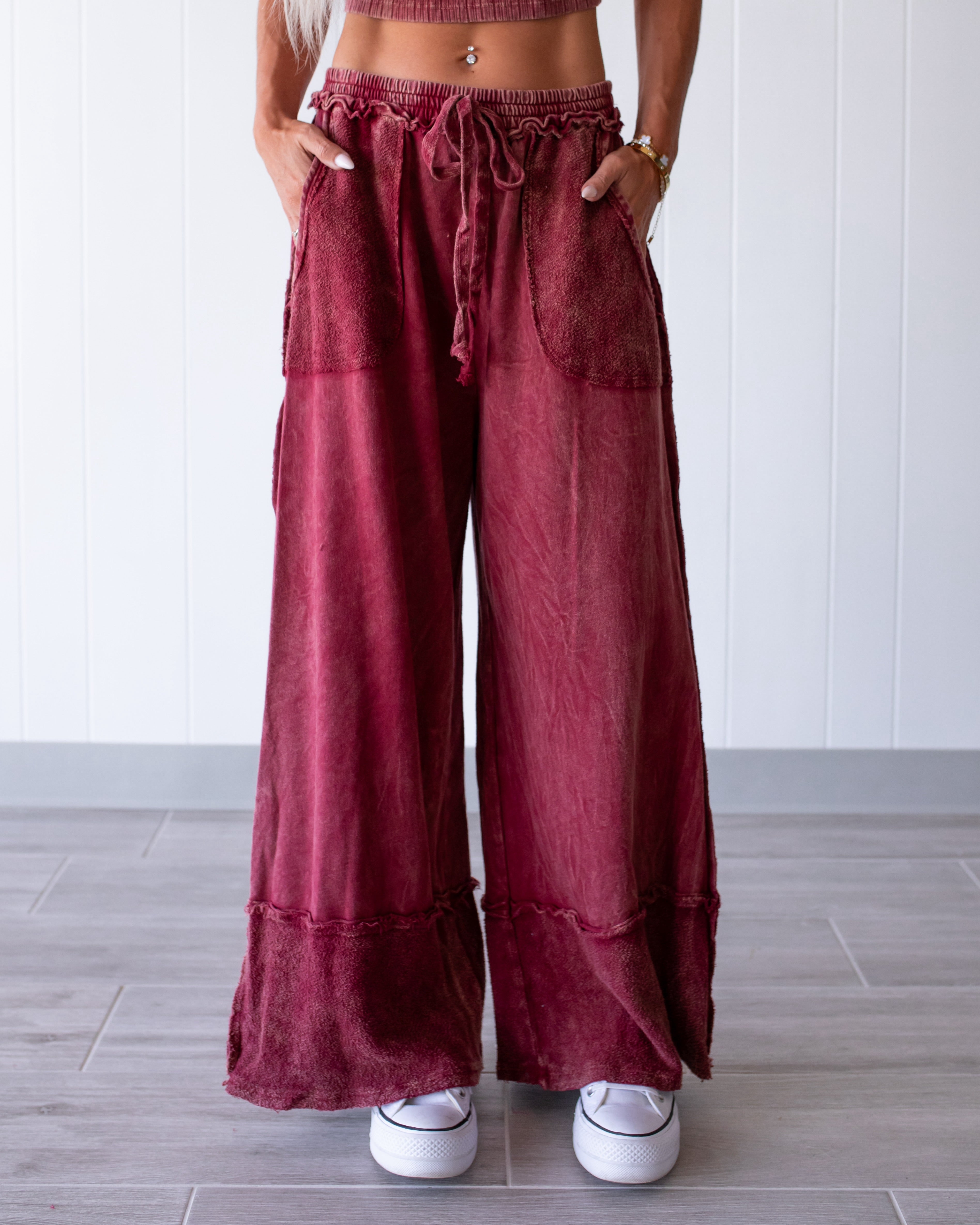 Up Next Raw Hem Wide Leg Pants - Burgundy