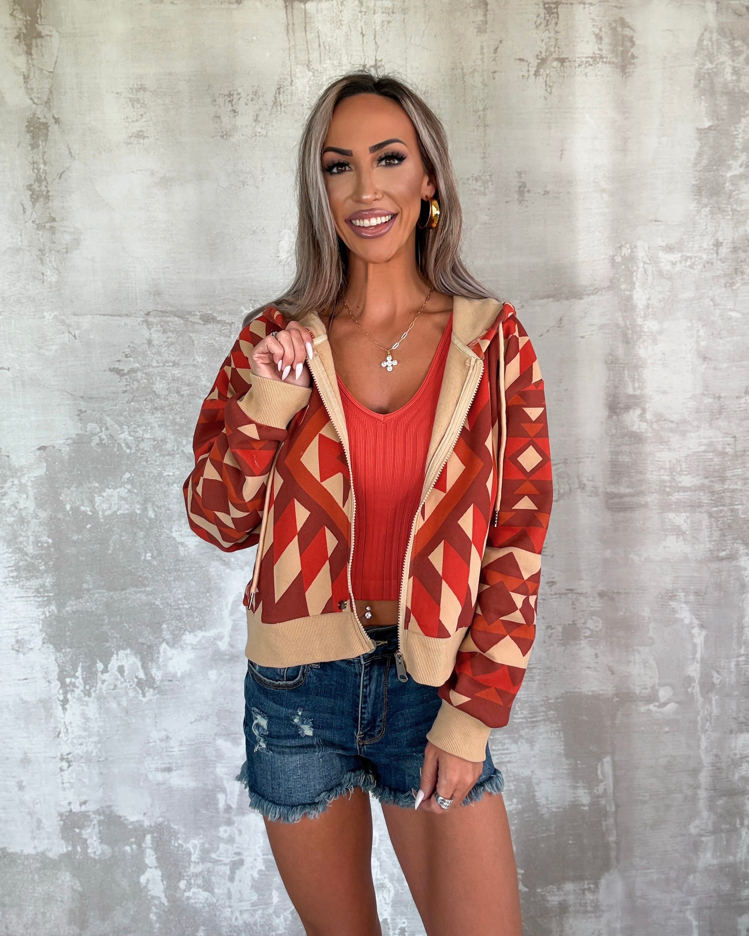 Spice & Stitch Zip-Up Crop Hoodie - Rust Aztec