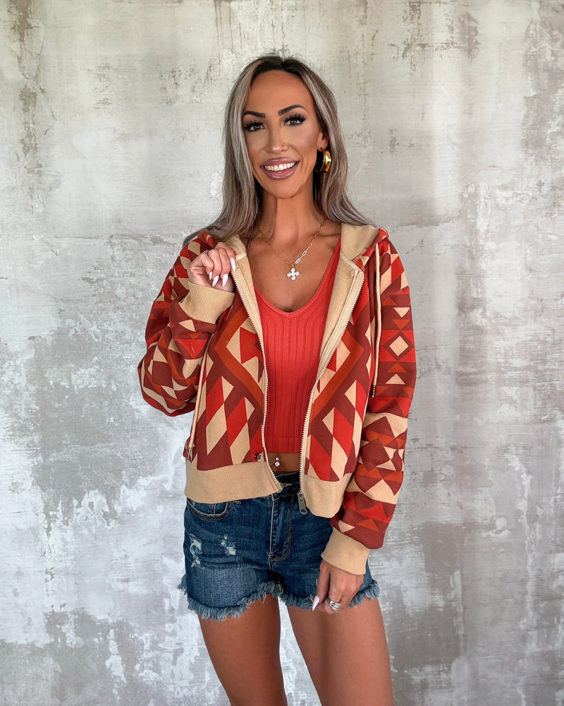 Spice & Stitch Zip-Up Crop Hoodie - Rust Aztec