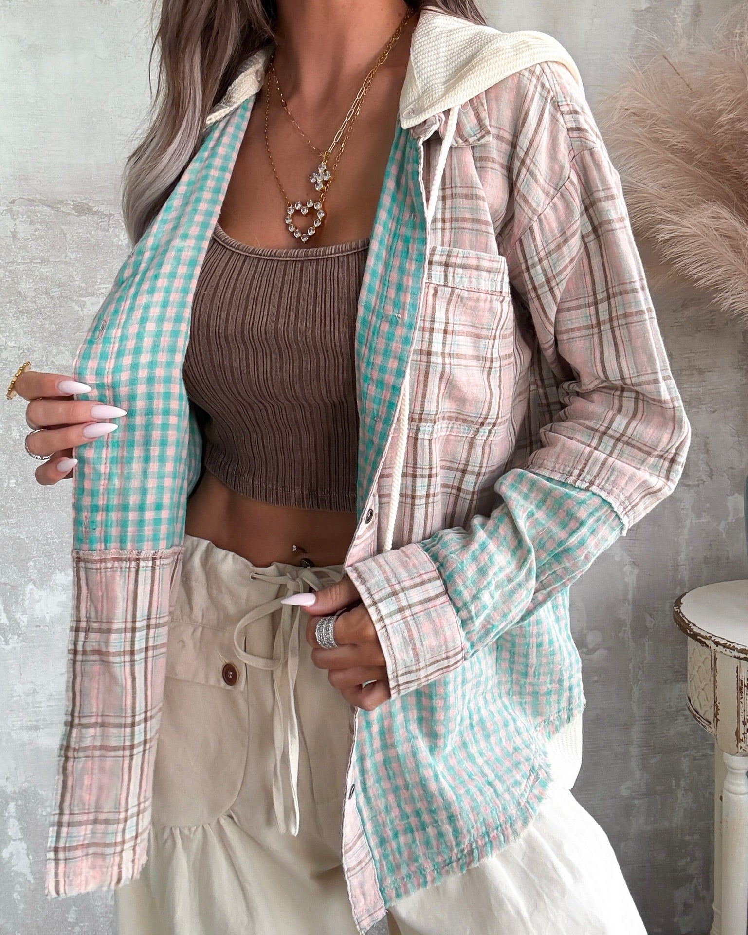 Neutral Mood Plaid Button Up - Washed Rose