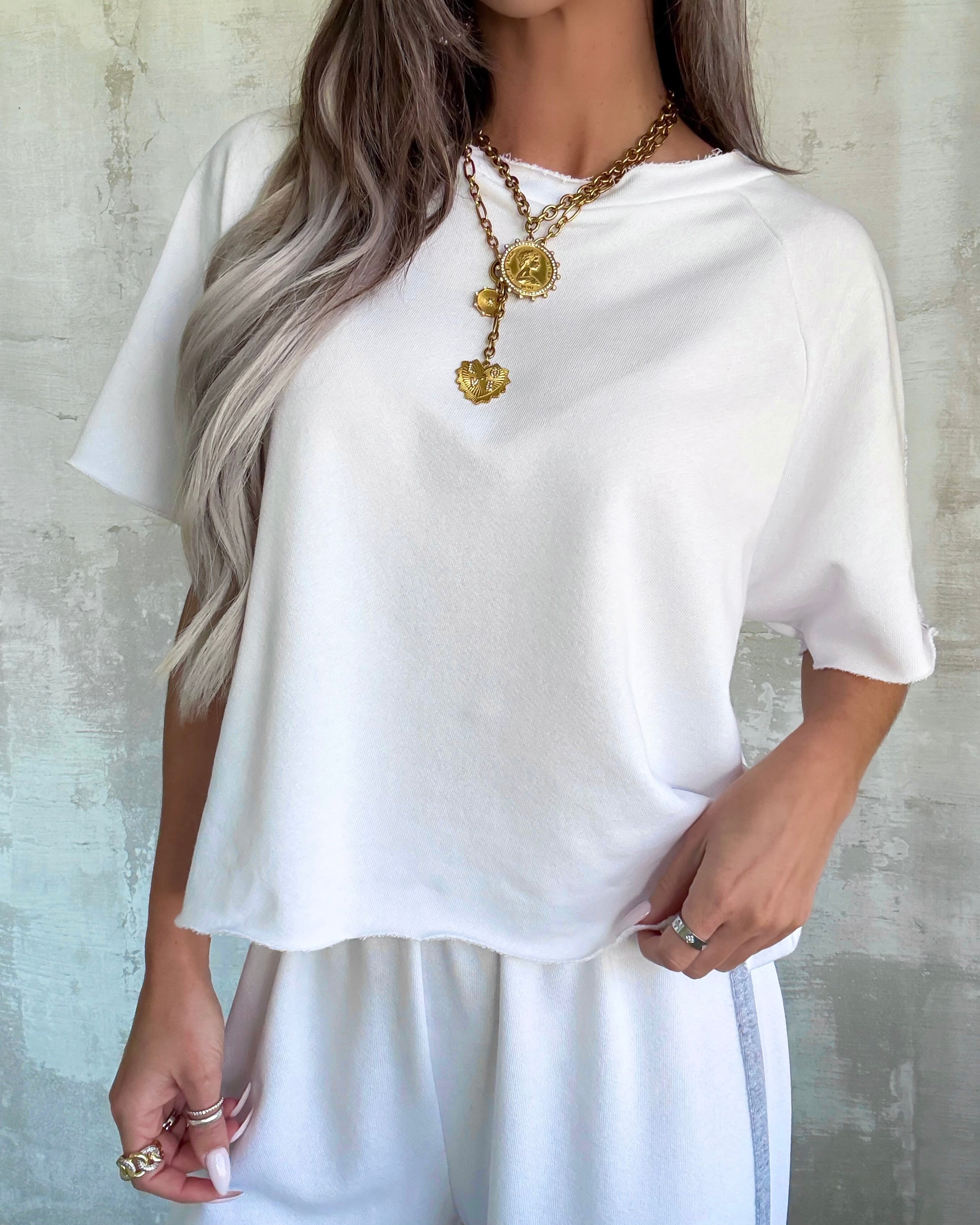 Simple Comfort Stripe Detail Pants Set - White/Grey