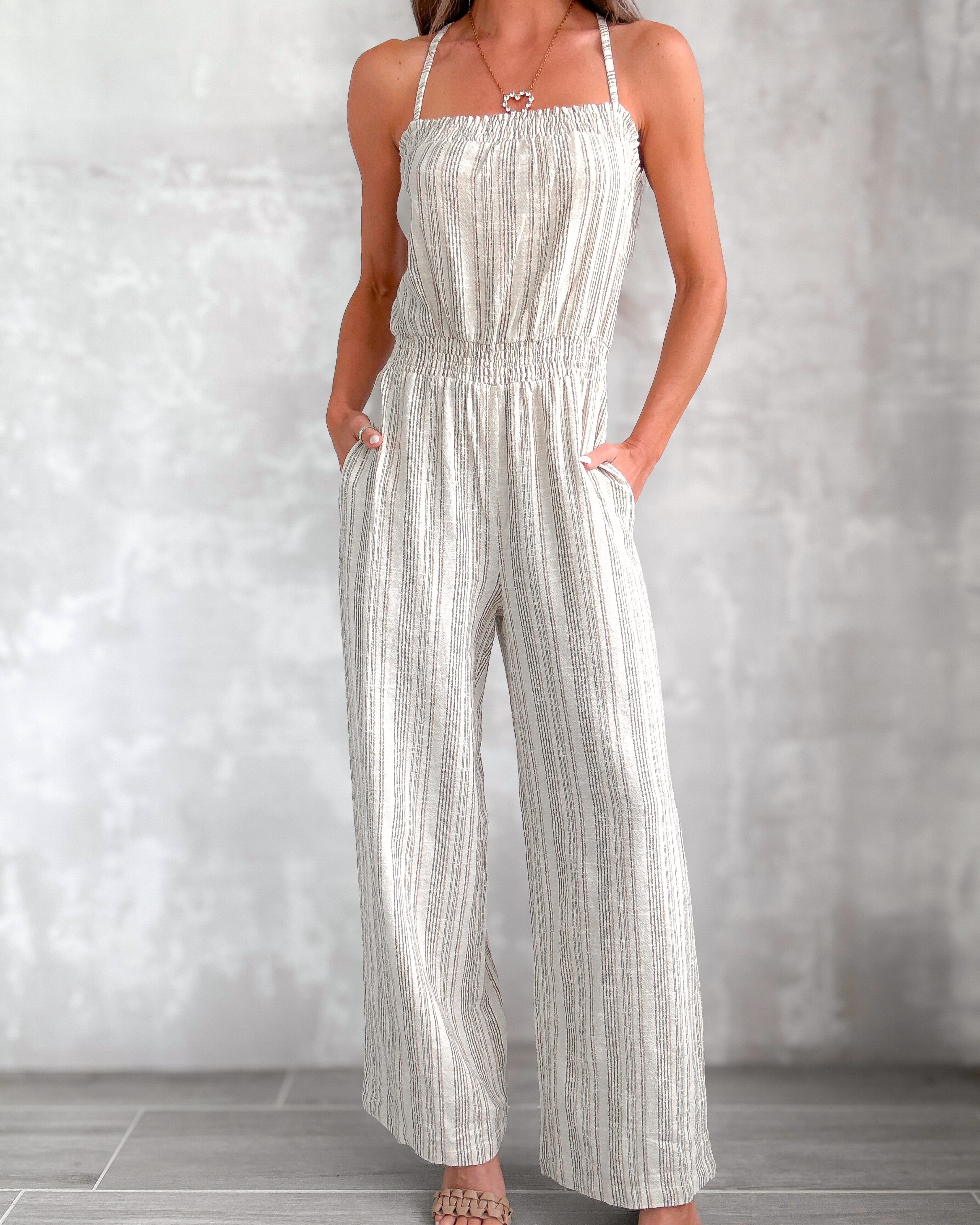 Bare Shore Striped Linen Jumpsuit - Taupe