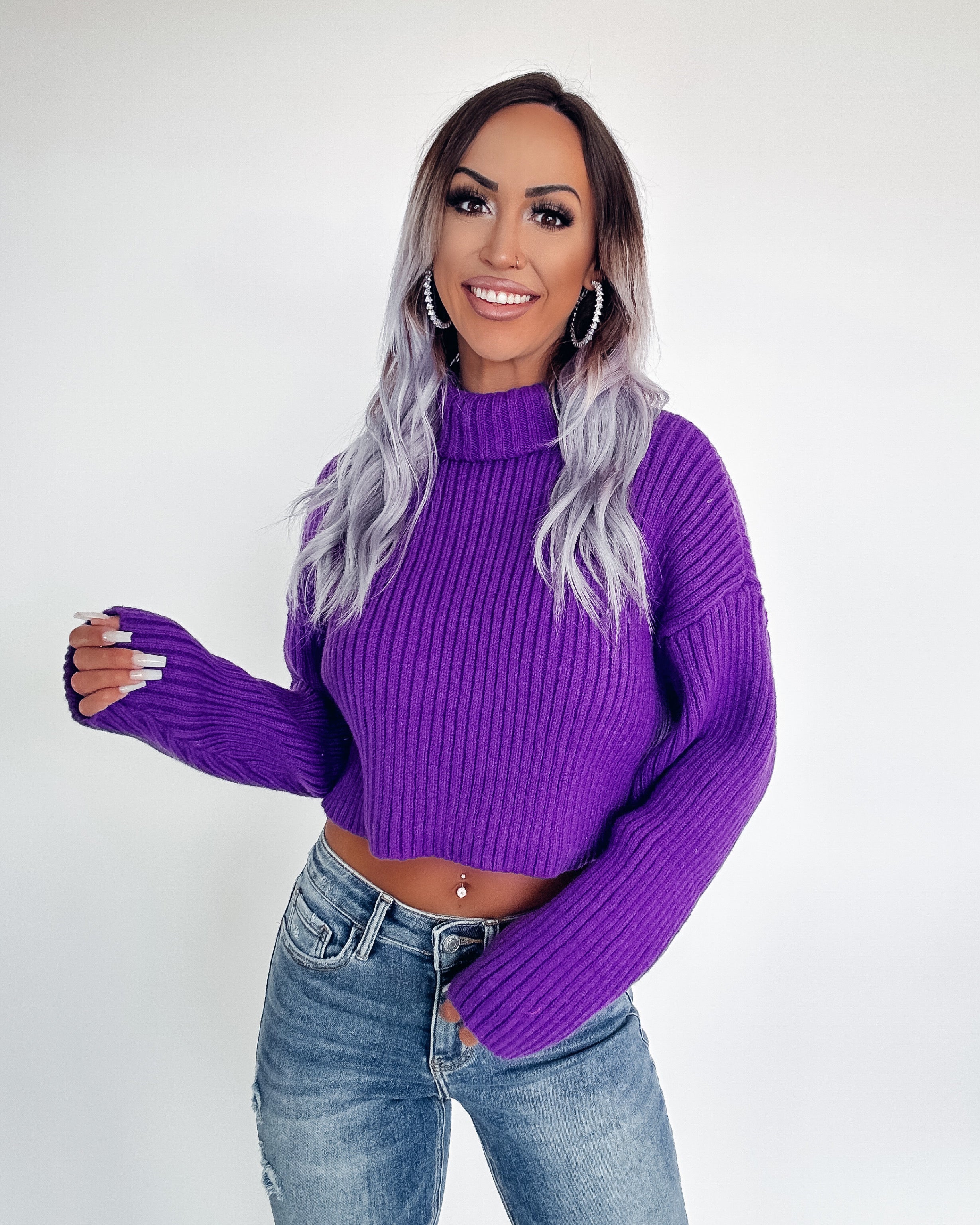 Smile Back Cropped Sweater- Purple