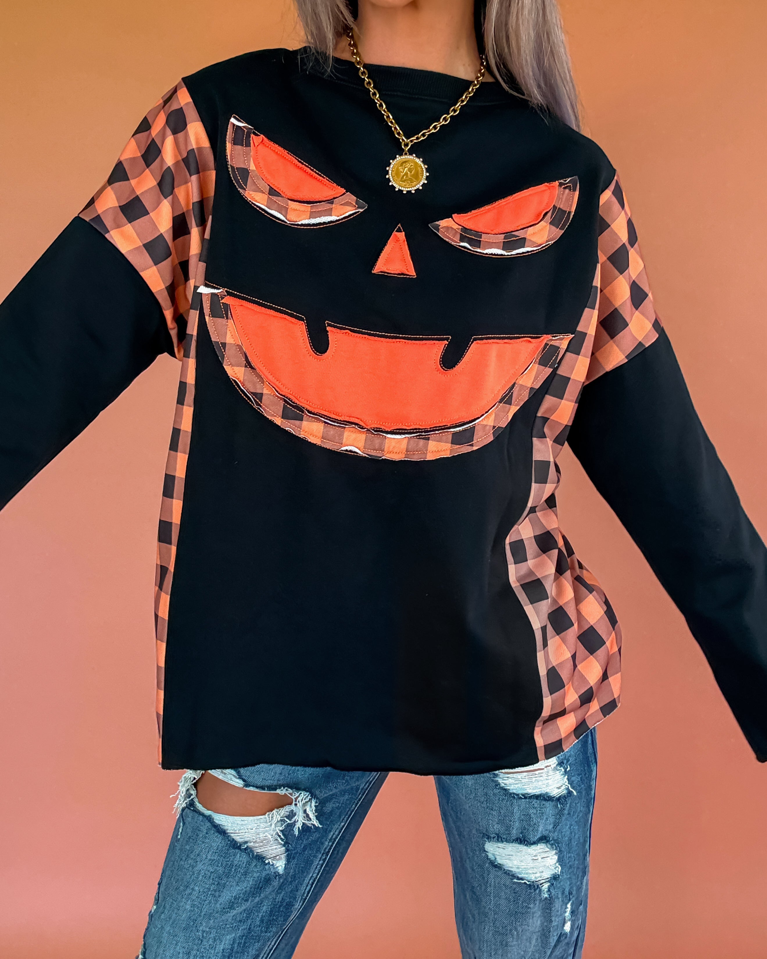 Pumpkin & Plaid Long Sleeve Graphic Top - Black