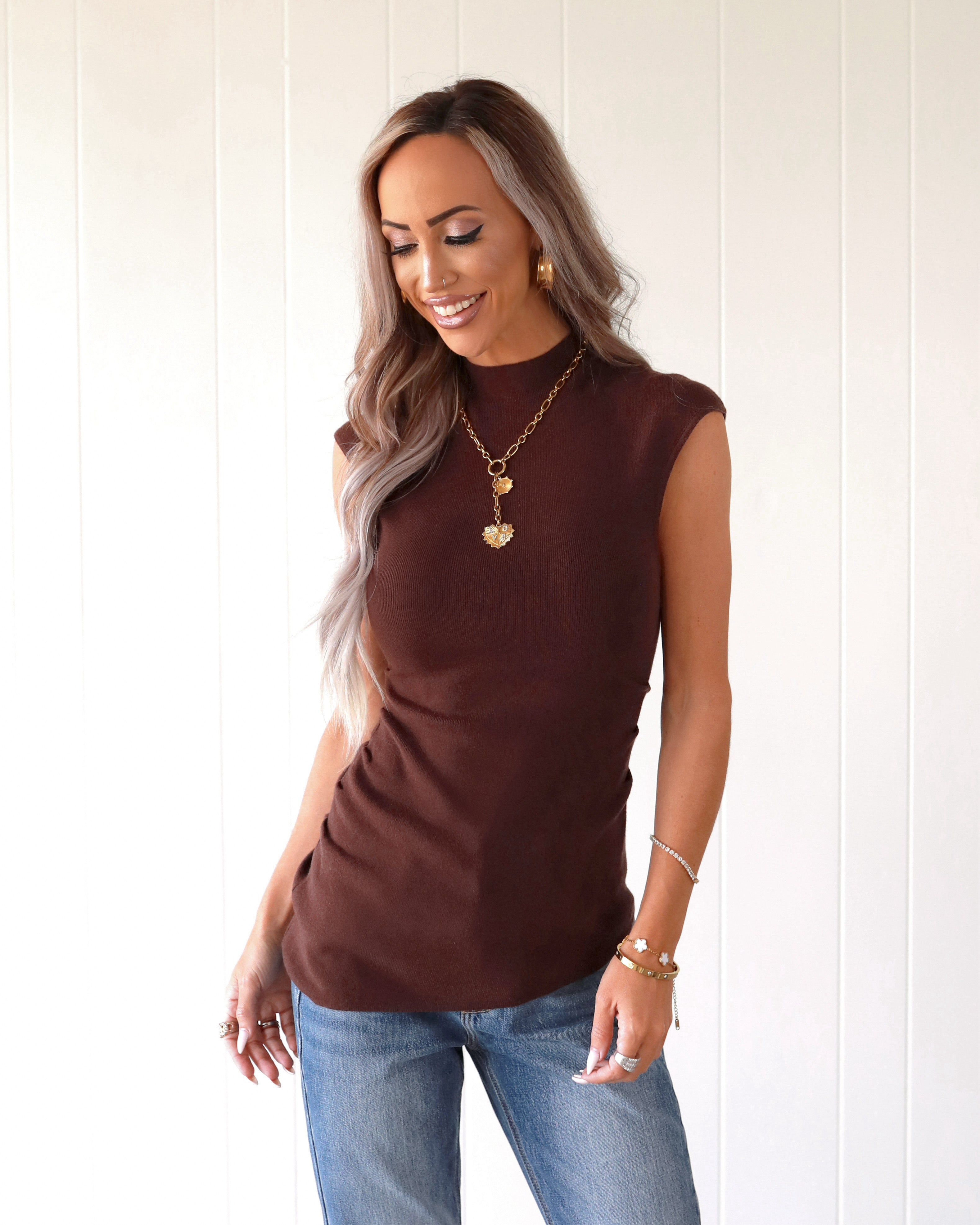Cocoa Cinch Mock Neck Sweater Top