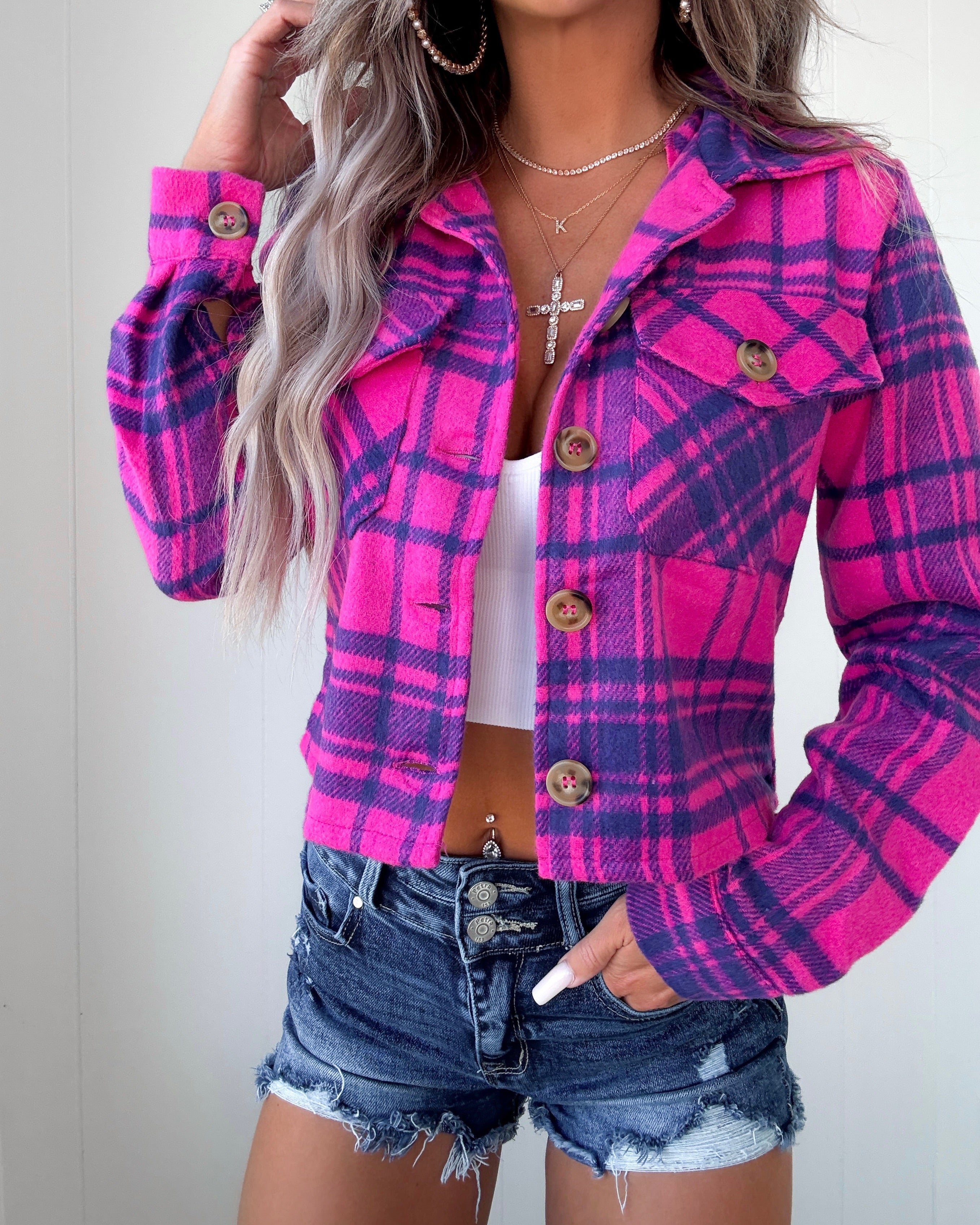 Check Me Out Cropped Shacket Fuchsia/Navy Bar T Boutique LLC