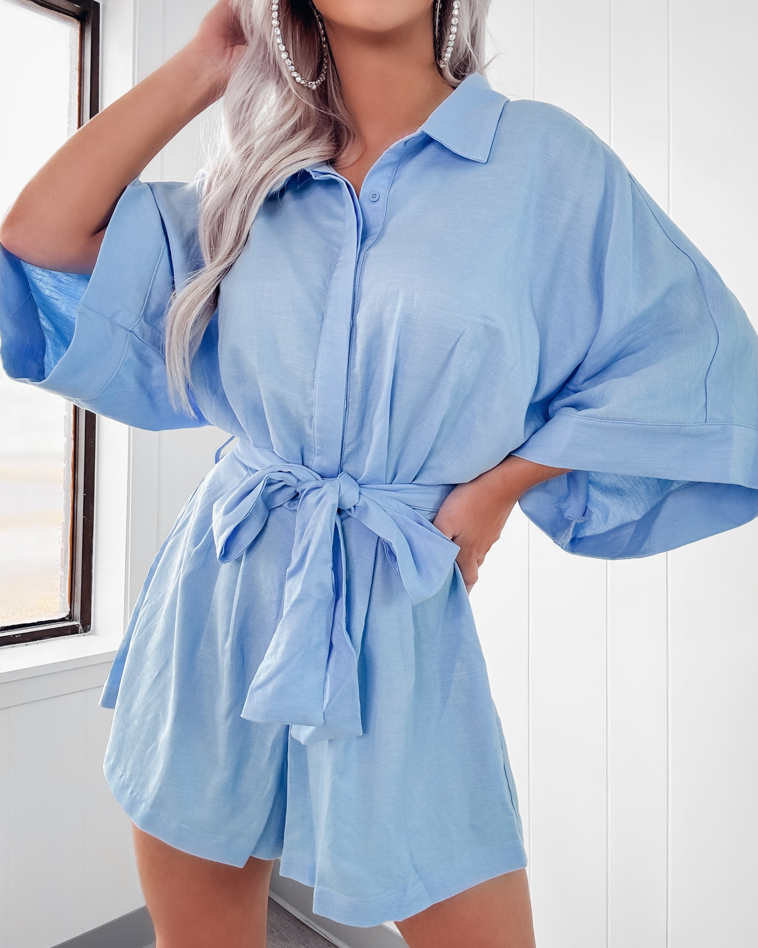 Joy Is Coming Button Down Romper - Blue