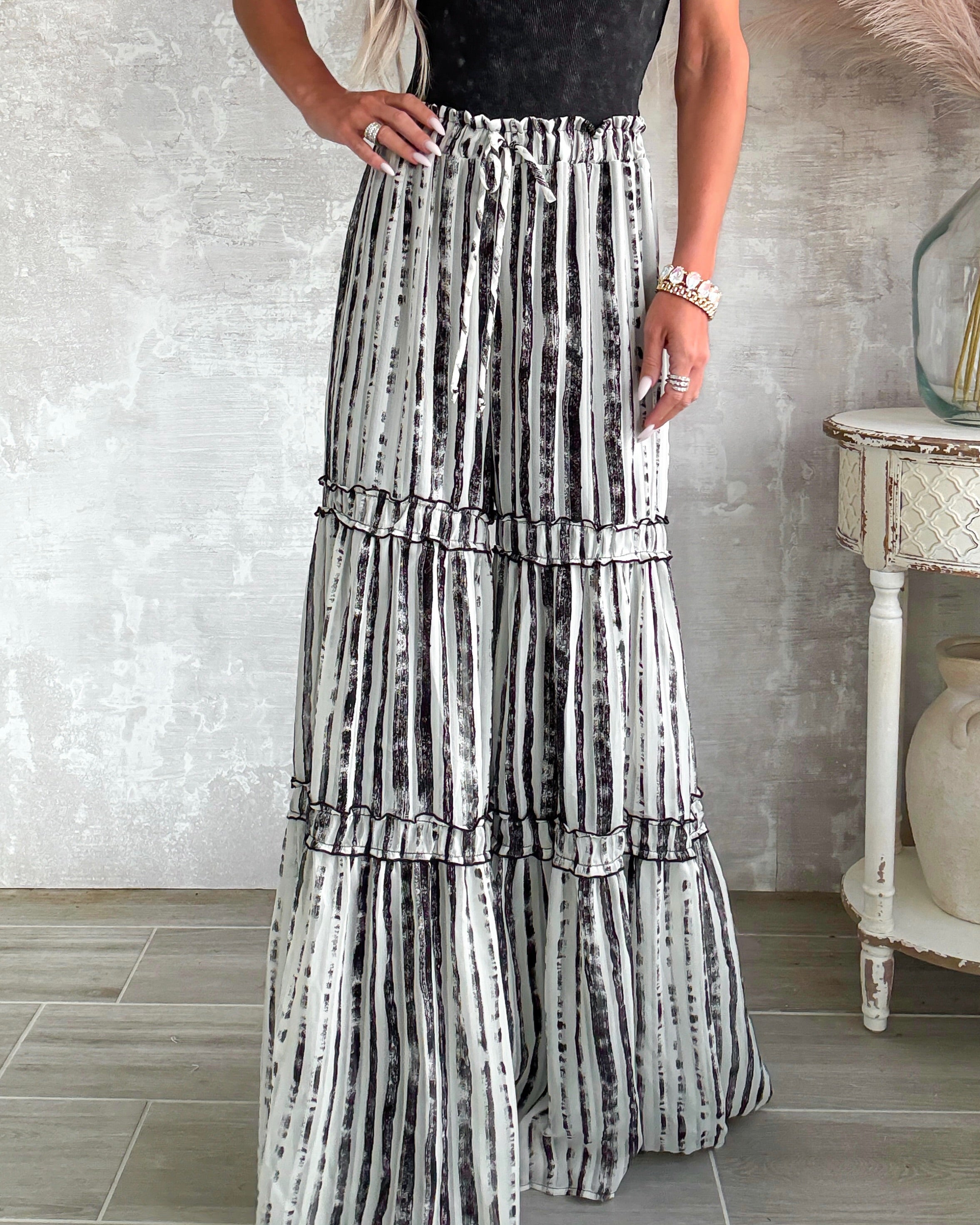 Airy Elegance Palazzo Pants - Ivory/Black