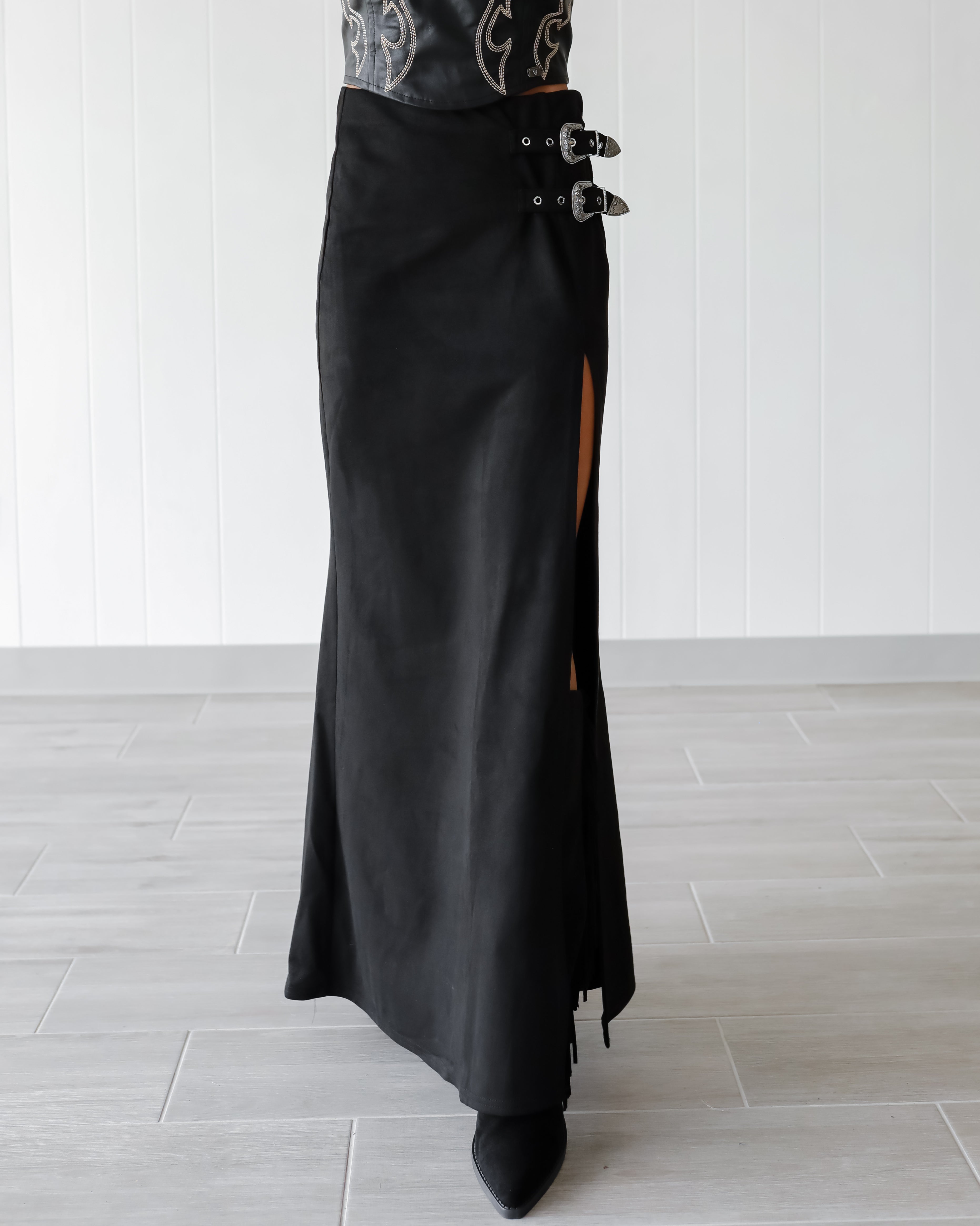 Risk Taker Buckle Suede Skirt - Black