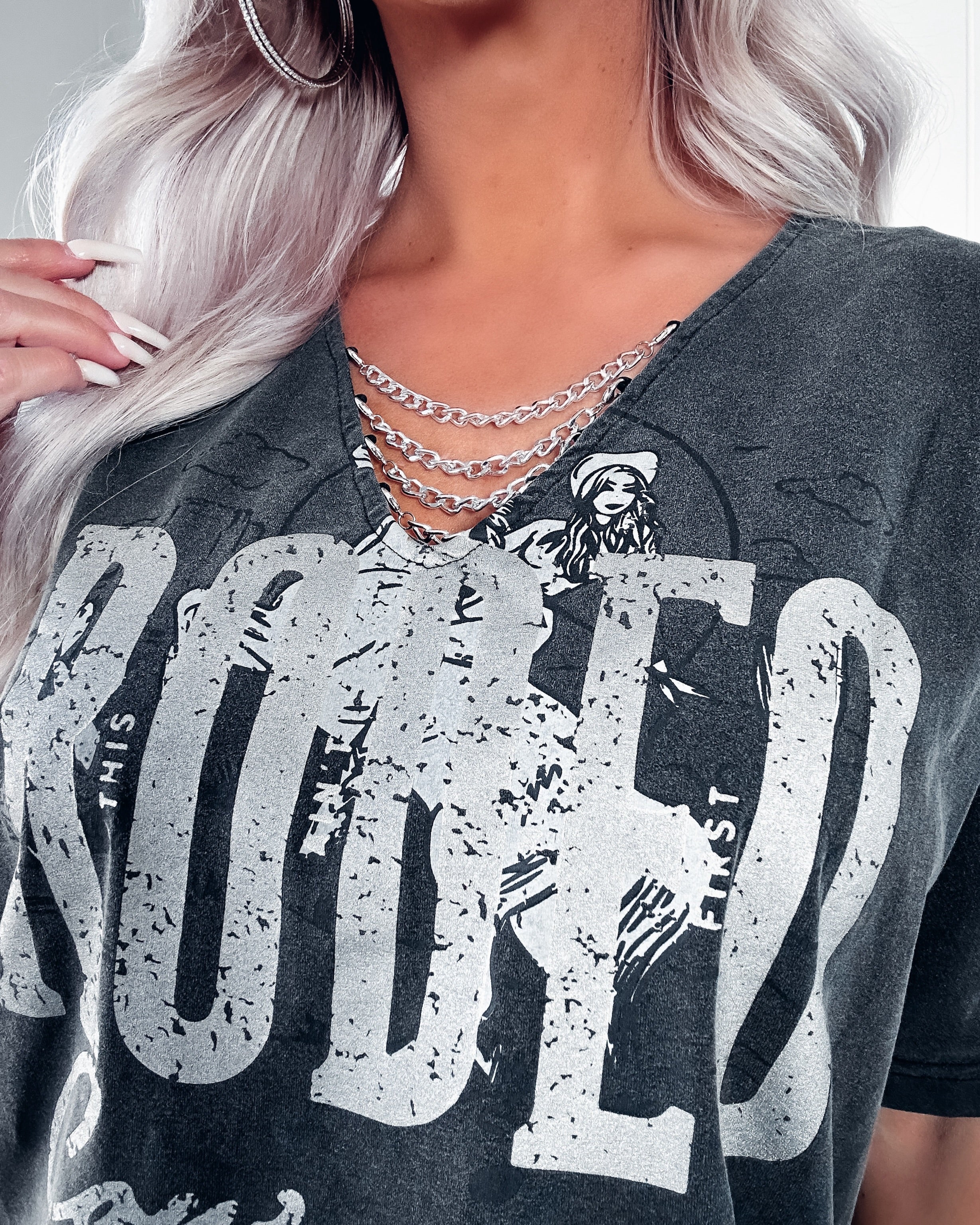 Rodeo Cowgirl Chain Neck Tee - Charcoal