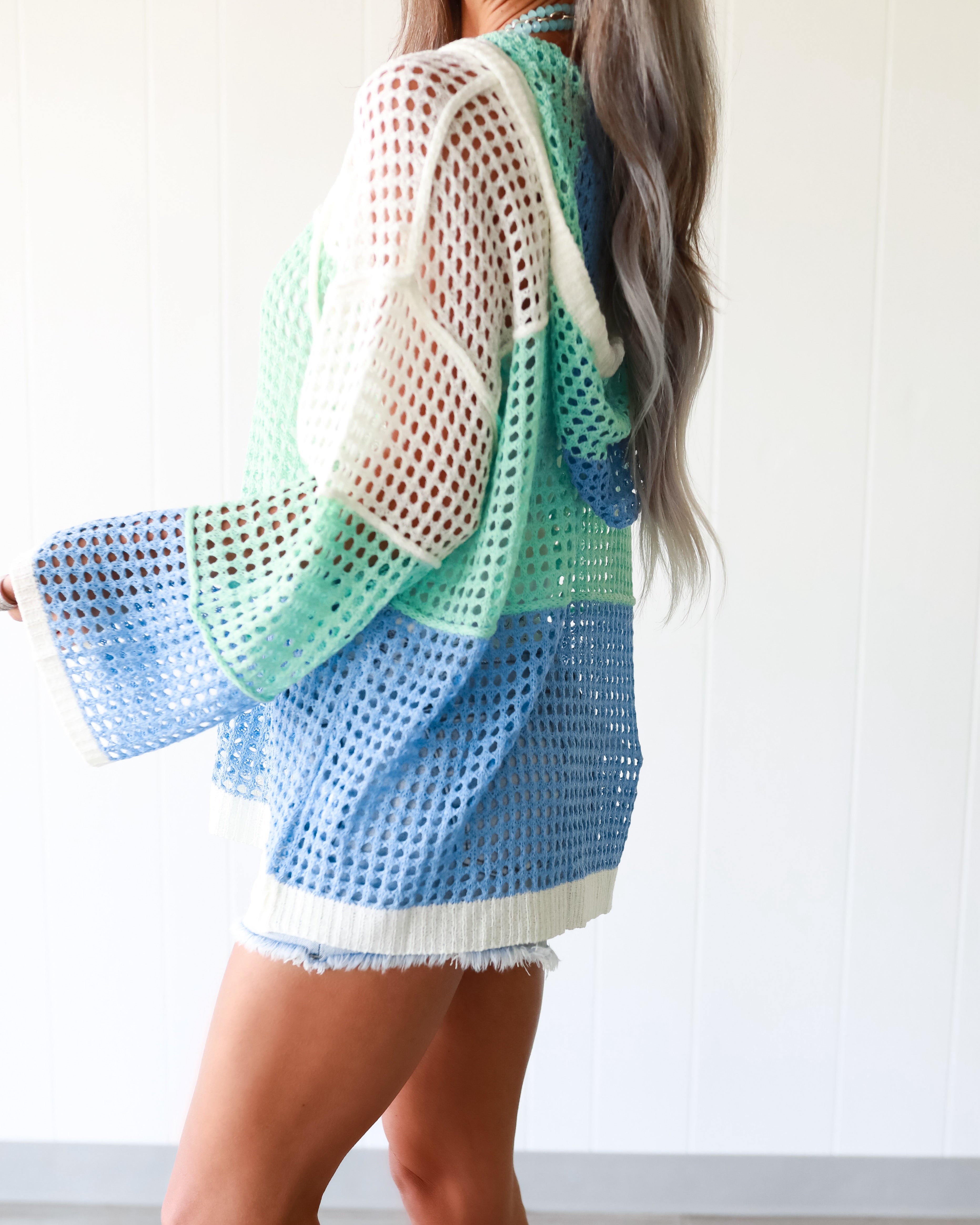 Time Again Knit Color Block Hood Sweater - Seaglass