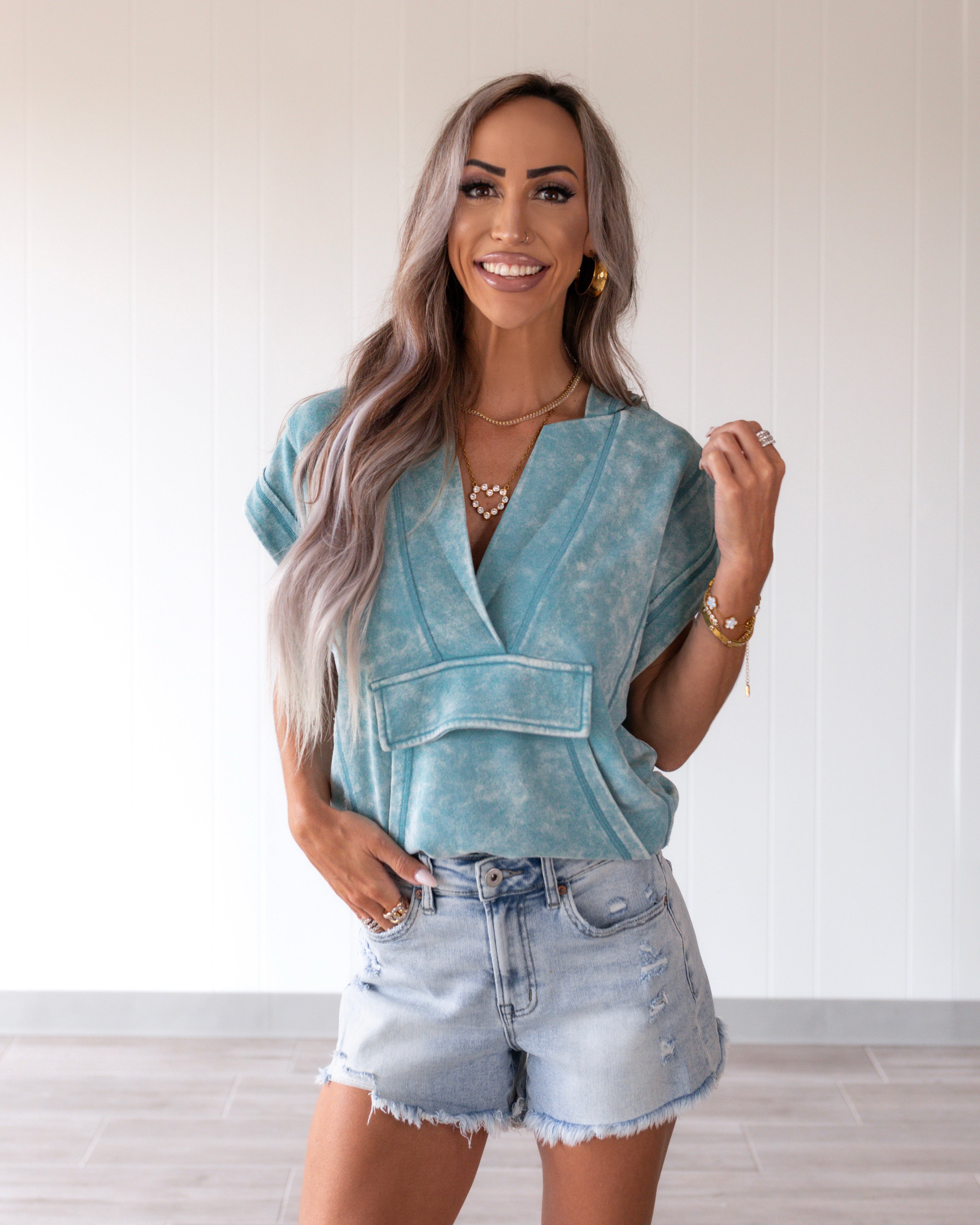 Vintage Wash Pullover Top - Emerald