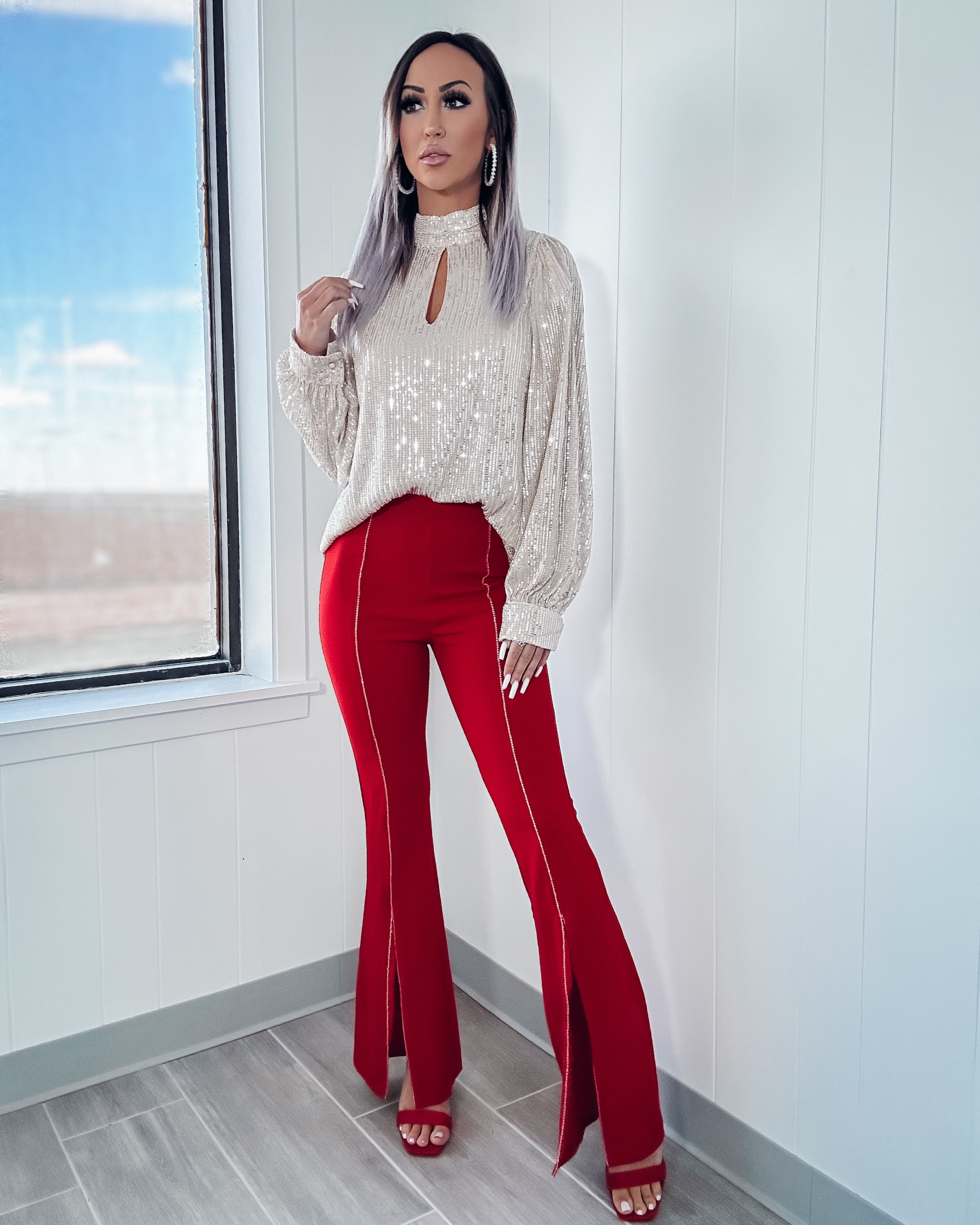 Living In The Moment Rhinestone Slit Pants - Red