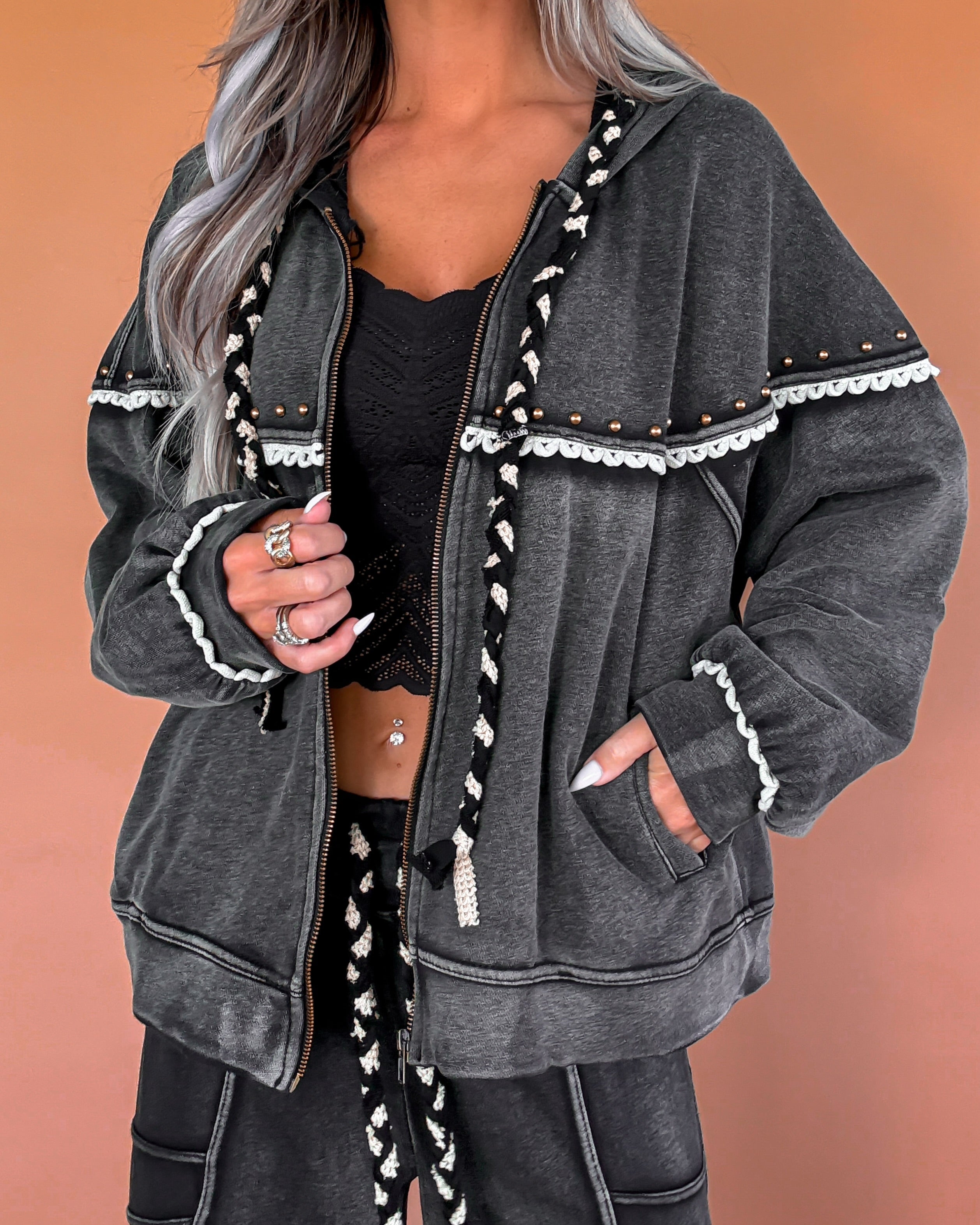 Times Like This Studded Zip Up - Black