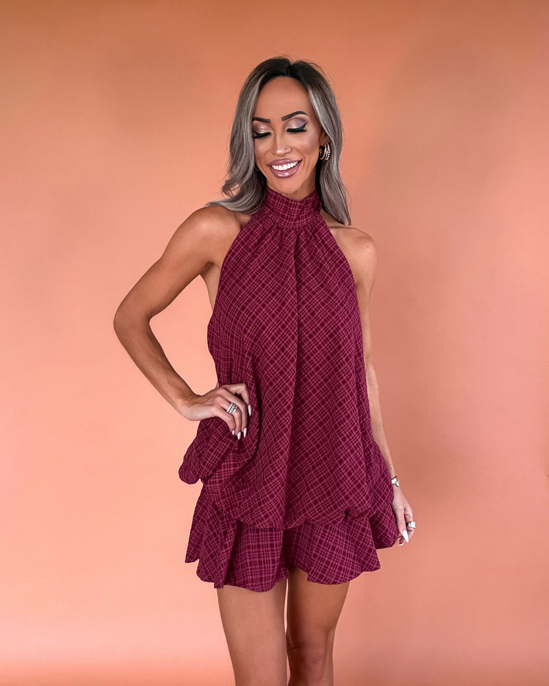 Bows & Bubbly Plaid Halter Dress - Burgundy