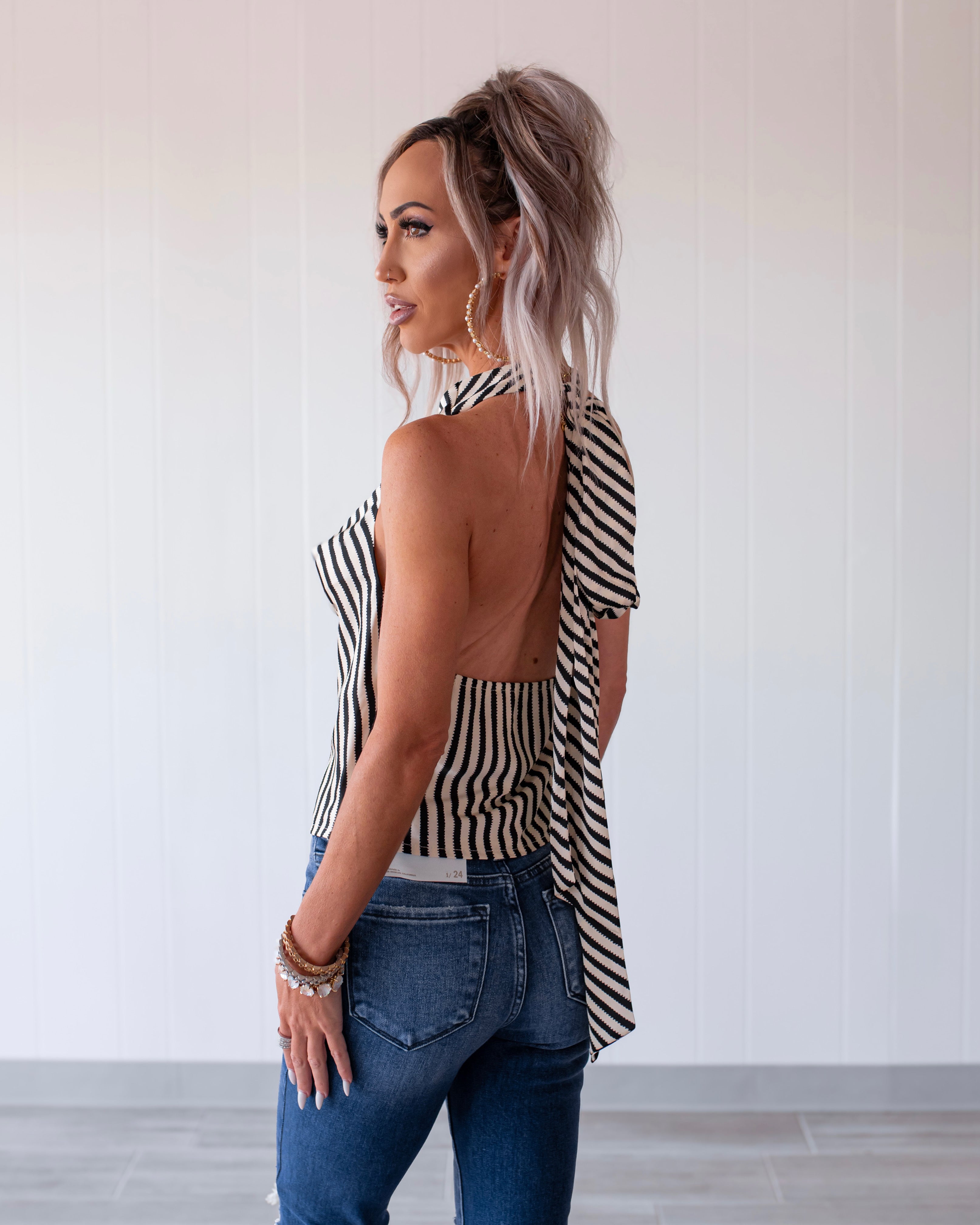 Satin & Sassy Cowl Neck Halter Top - Cream/Black