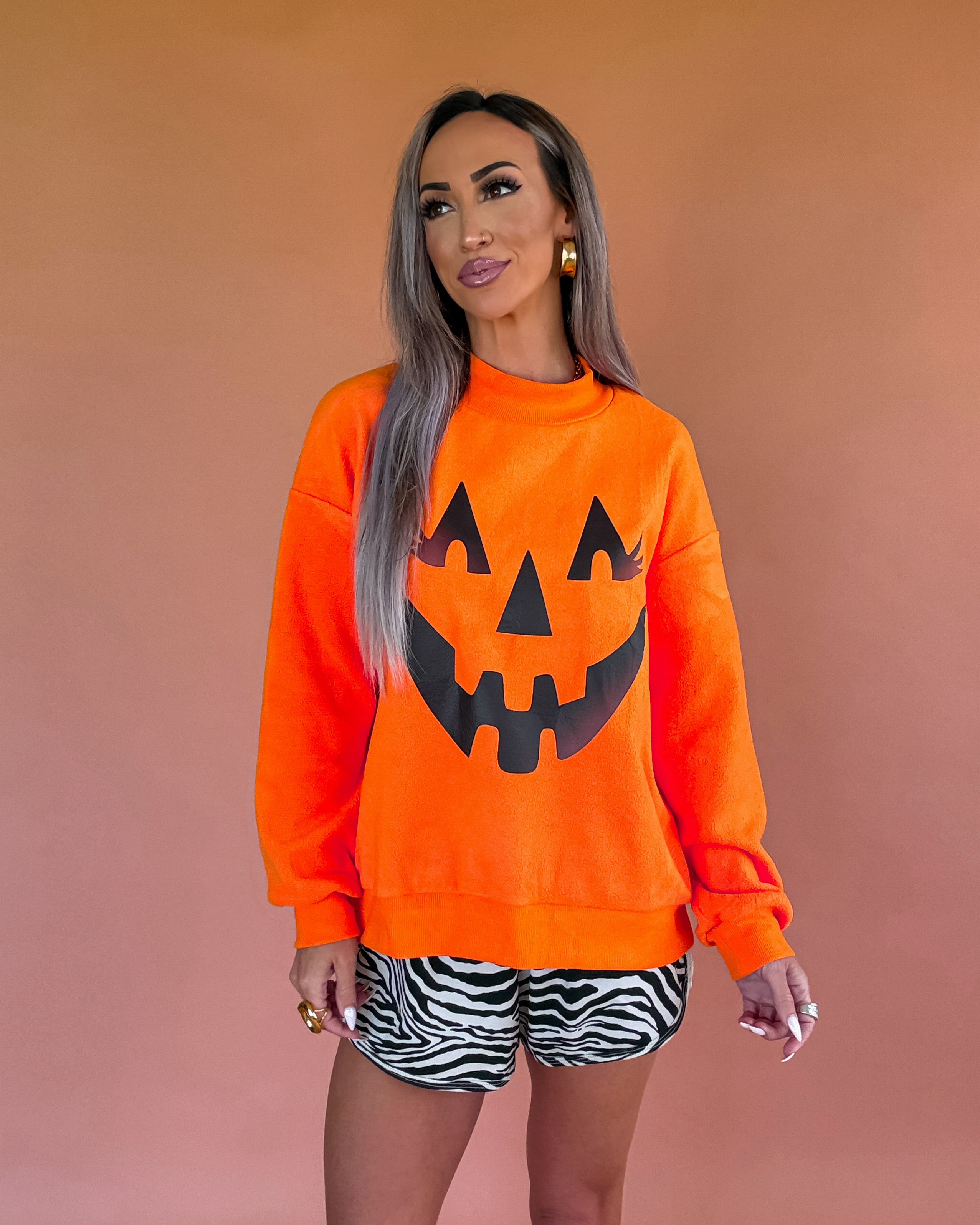 Spooky Graphic Mock Neck Sweatshirt - Orange