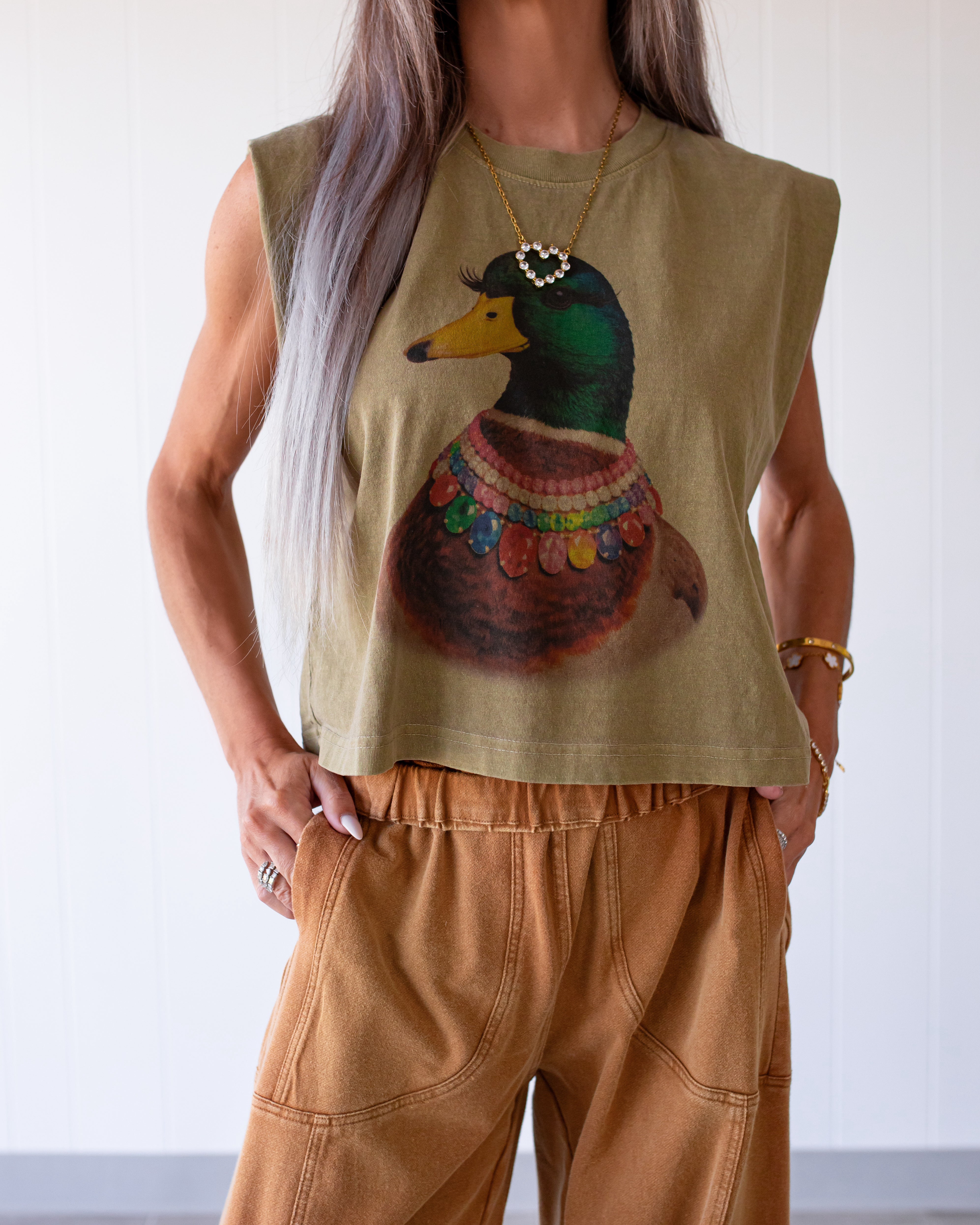 Jeweled Collar Mallard Duck Muscle Tank - Faded Army Green