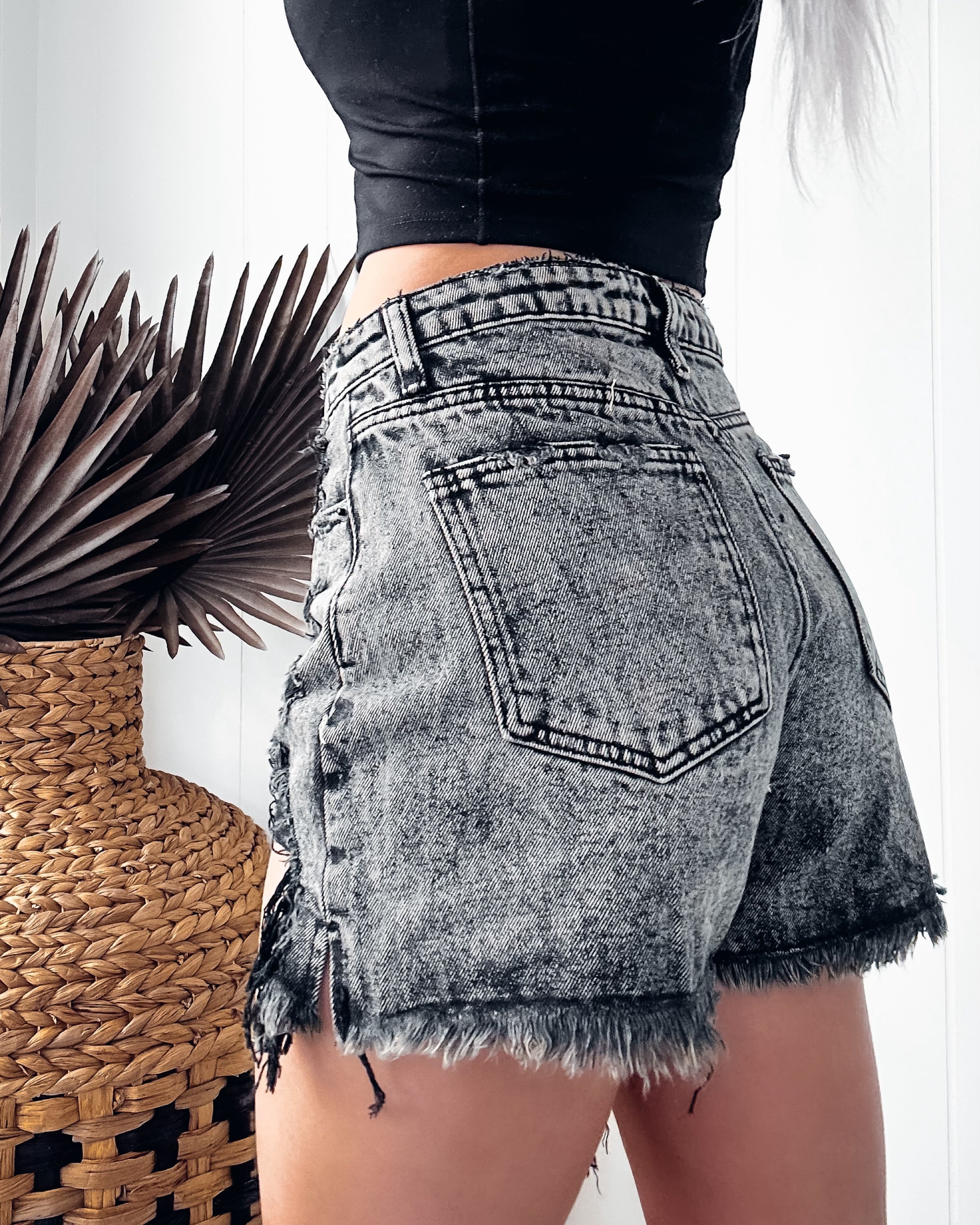 Kyley Distressed Crossover Button Shorts - Washed Black