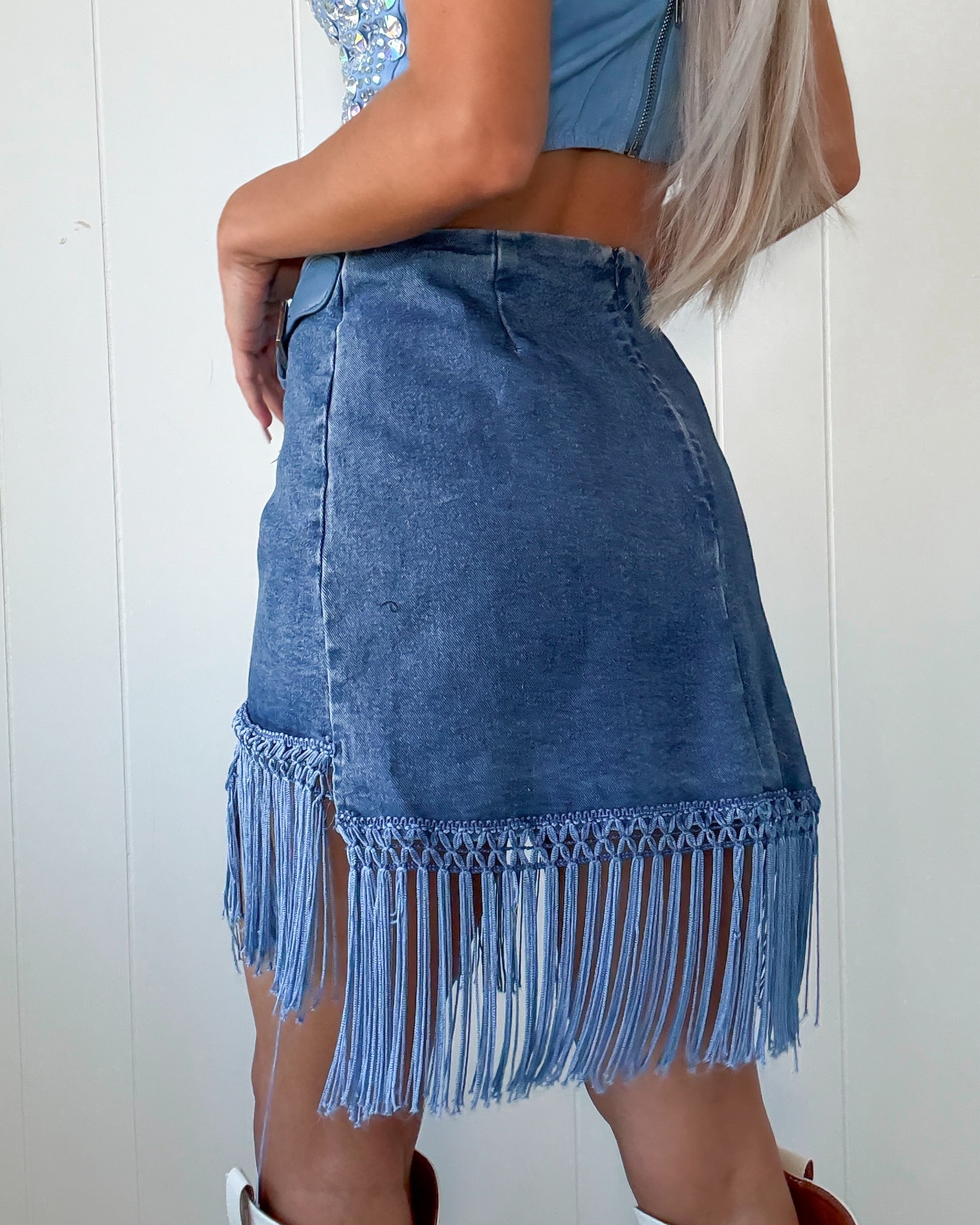 Fringe Wrap Denim Mini Skirt - Medium Wash