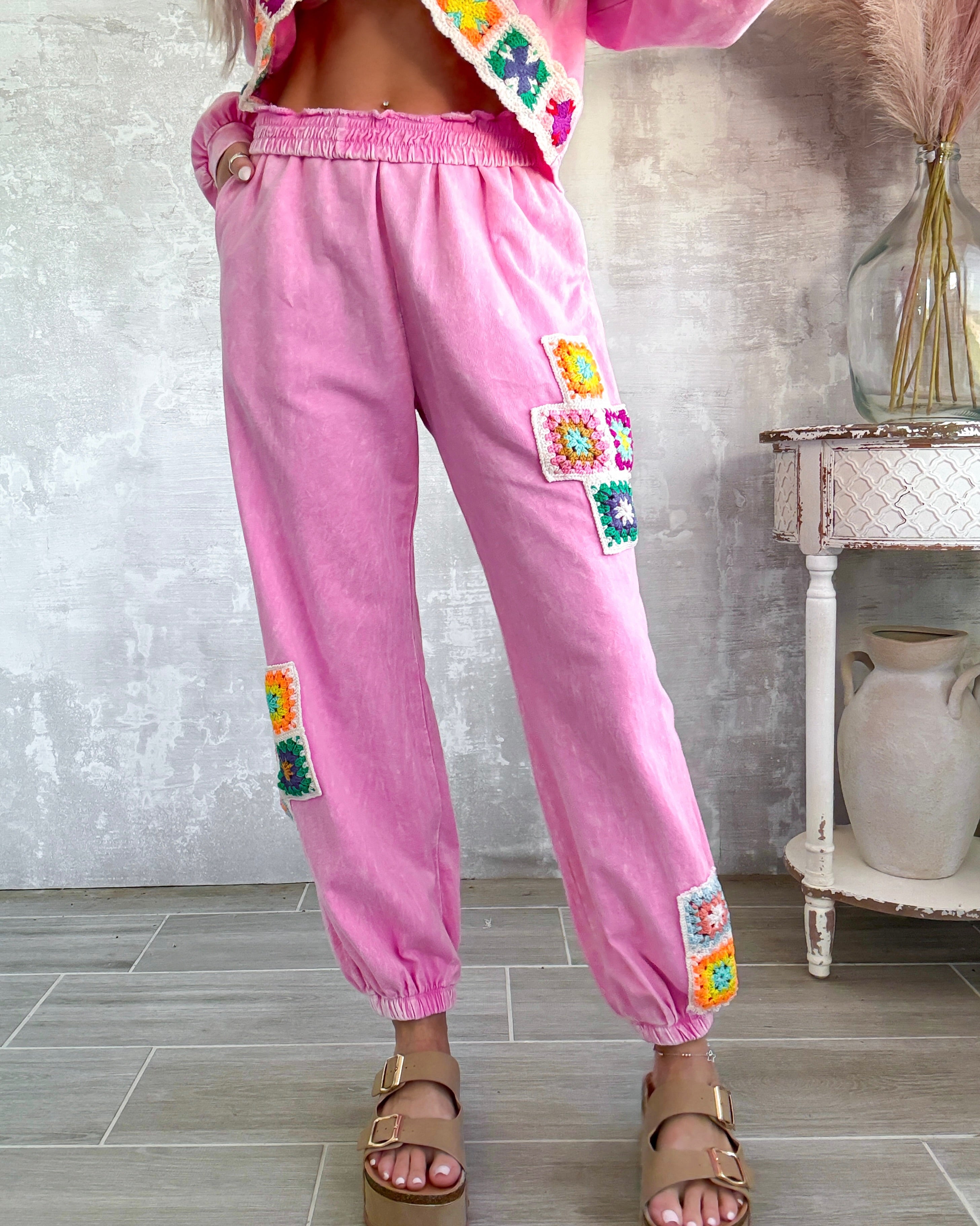 Our Time Crochet Mineral Washed Joggers - Bubble Gum