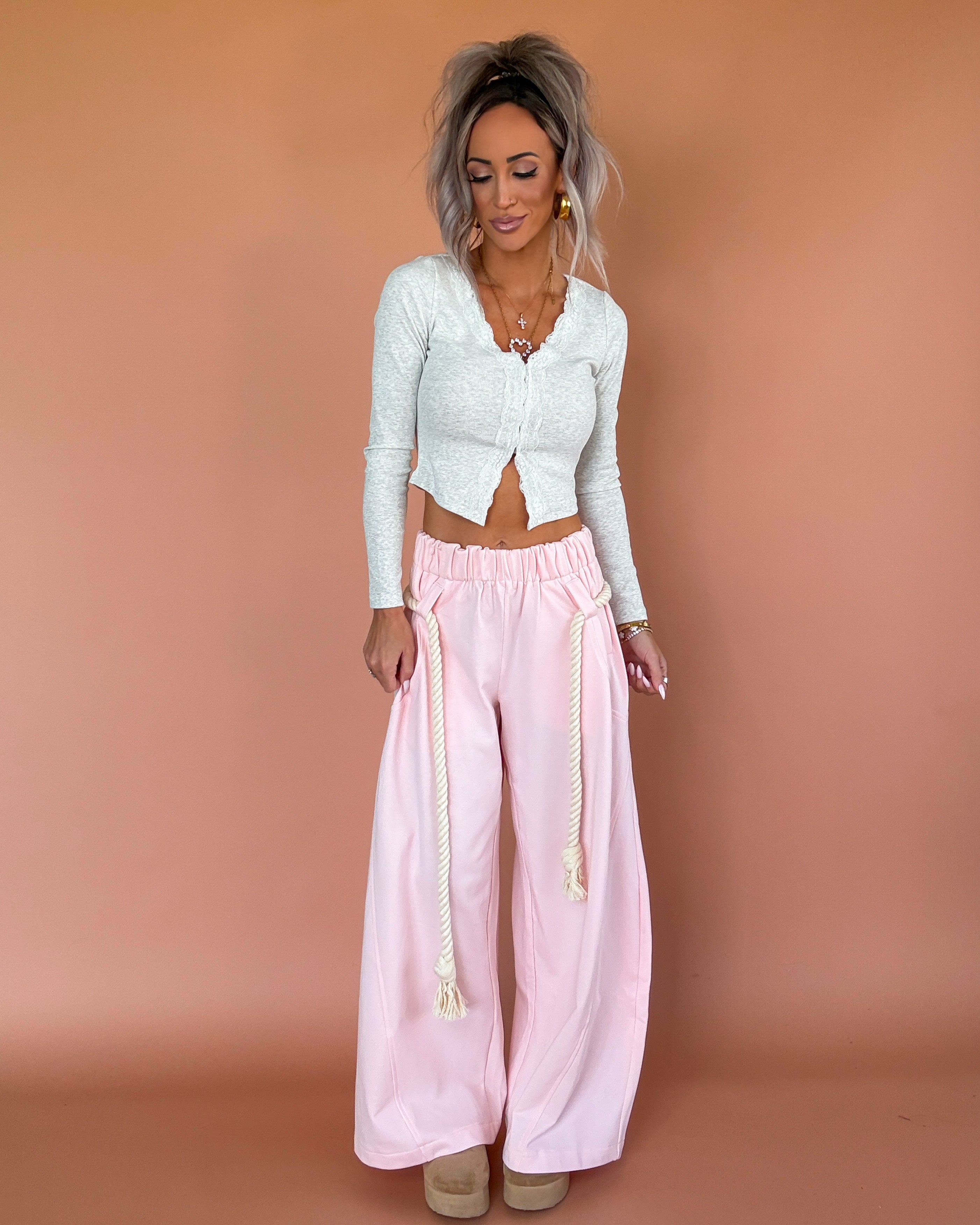 Roped In Barrel French Terry Pants - Blush Pink