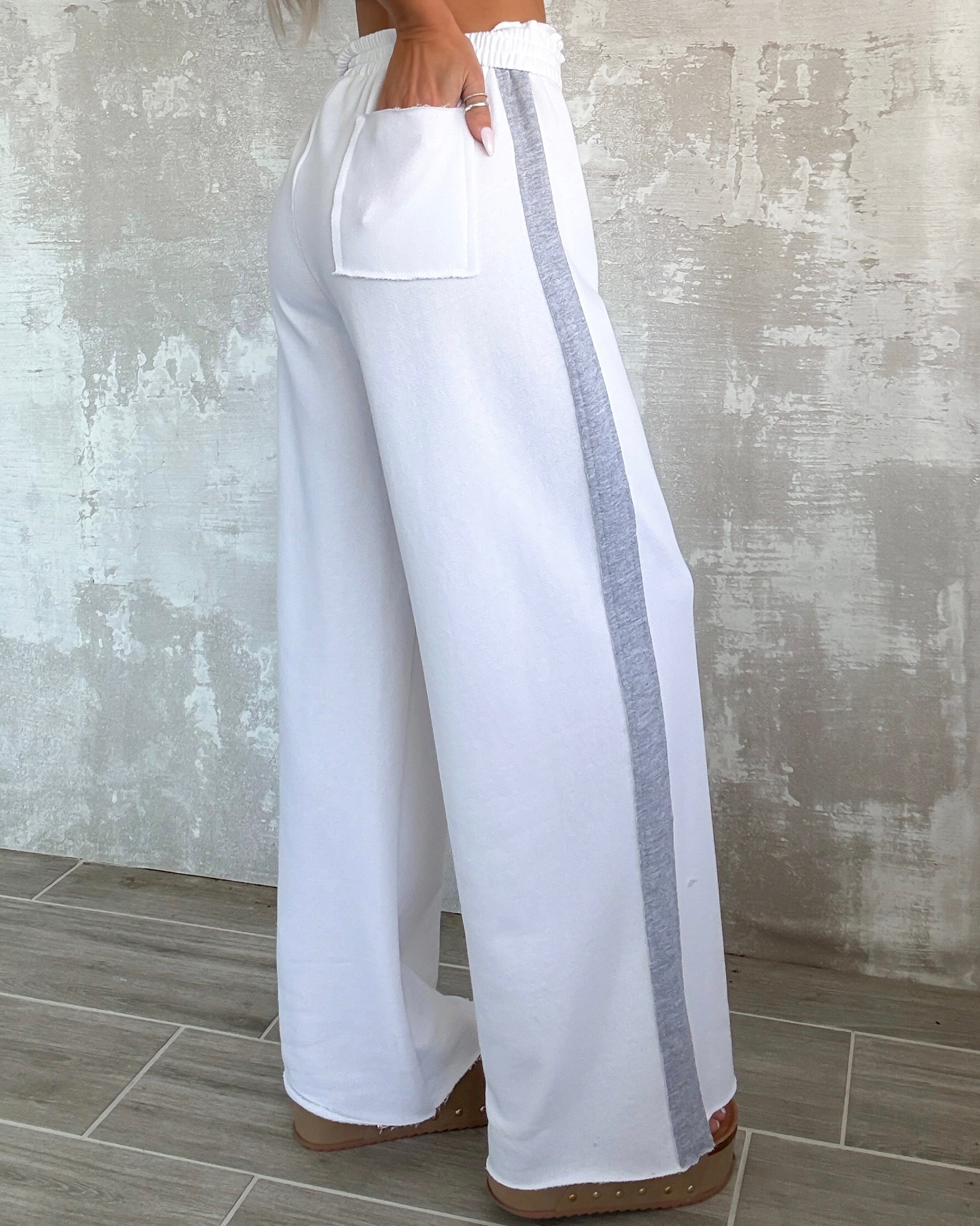 Simple Comfort Stripe Detail Pants Set - White/Grey